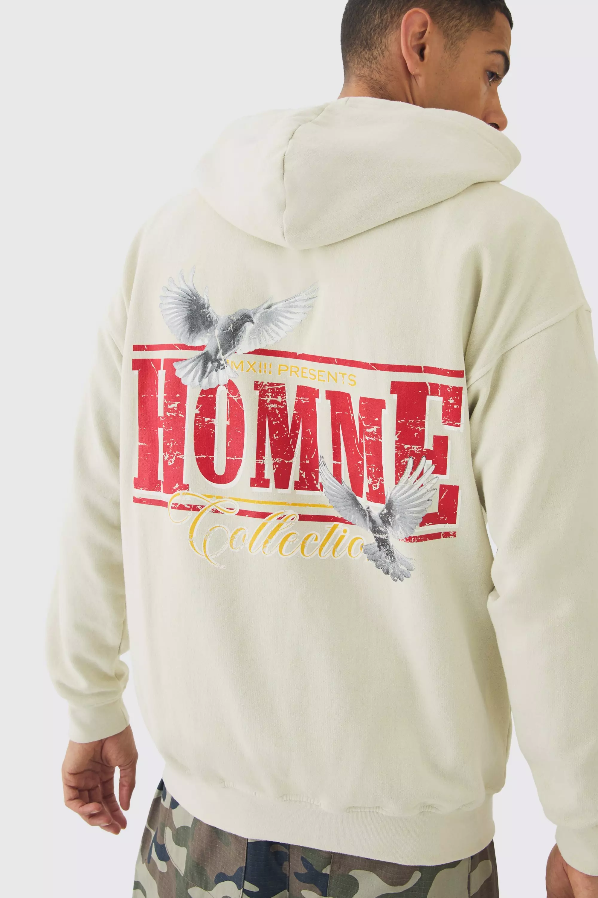 Homme Hoodie mit Print und Reißverschluss, Ecru alternatives Bild