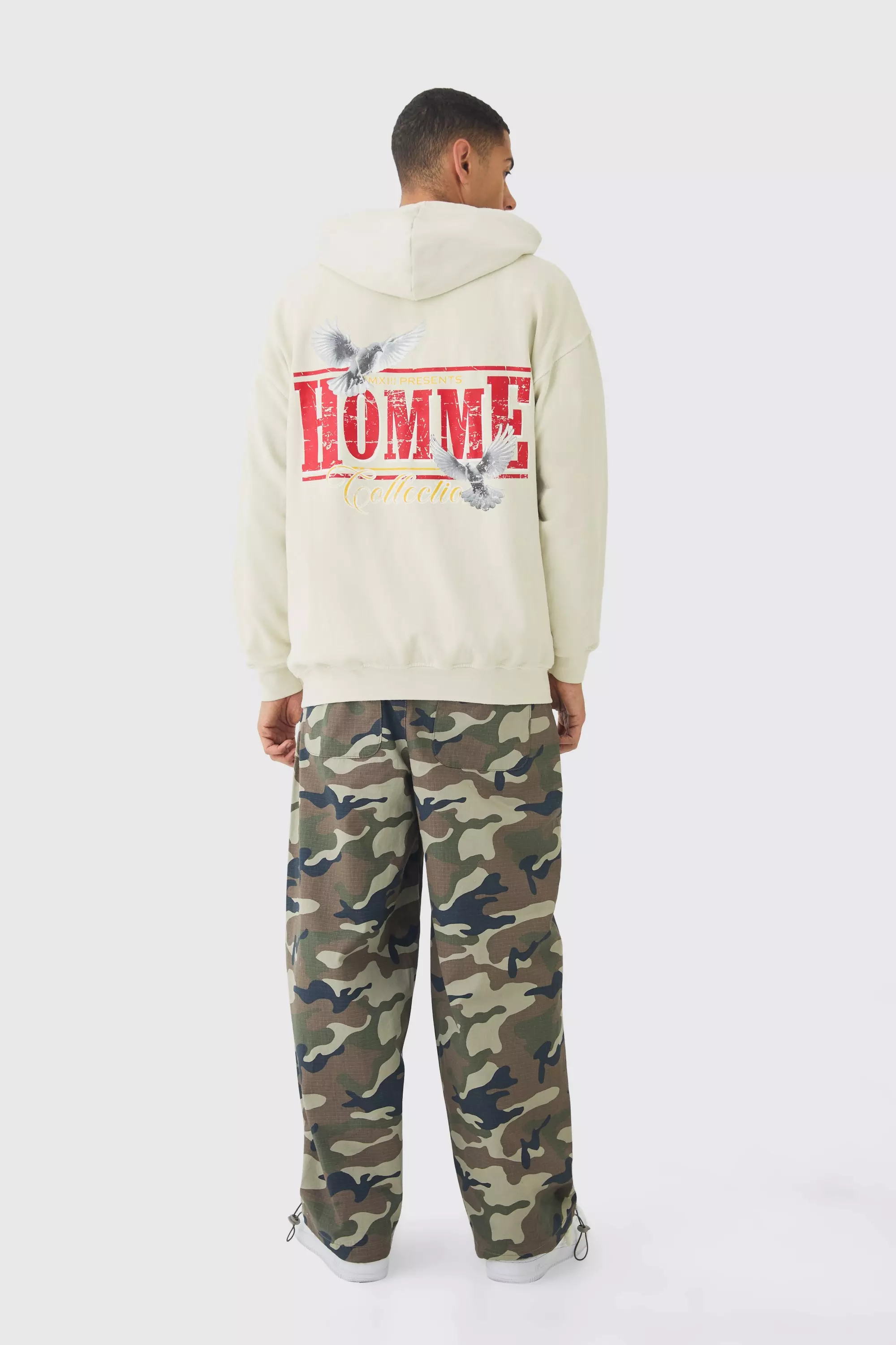 Homme Hoodie mit Print und Reißverschluss, Ecru alternatives Bild