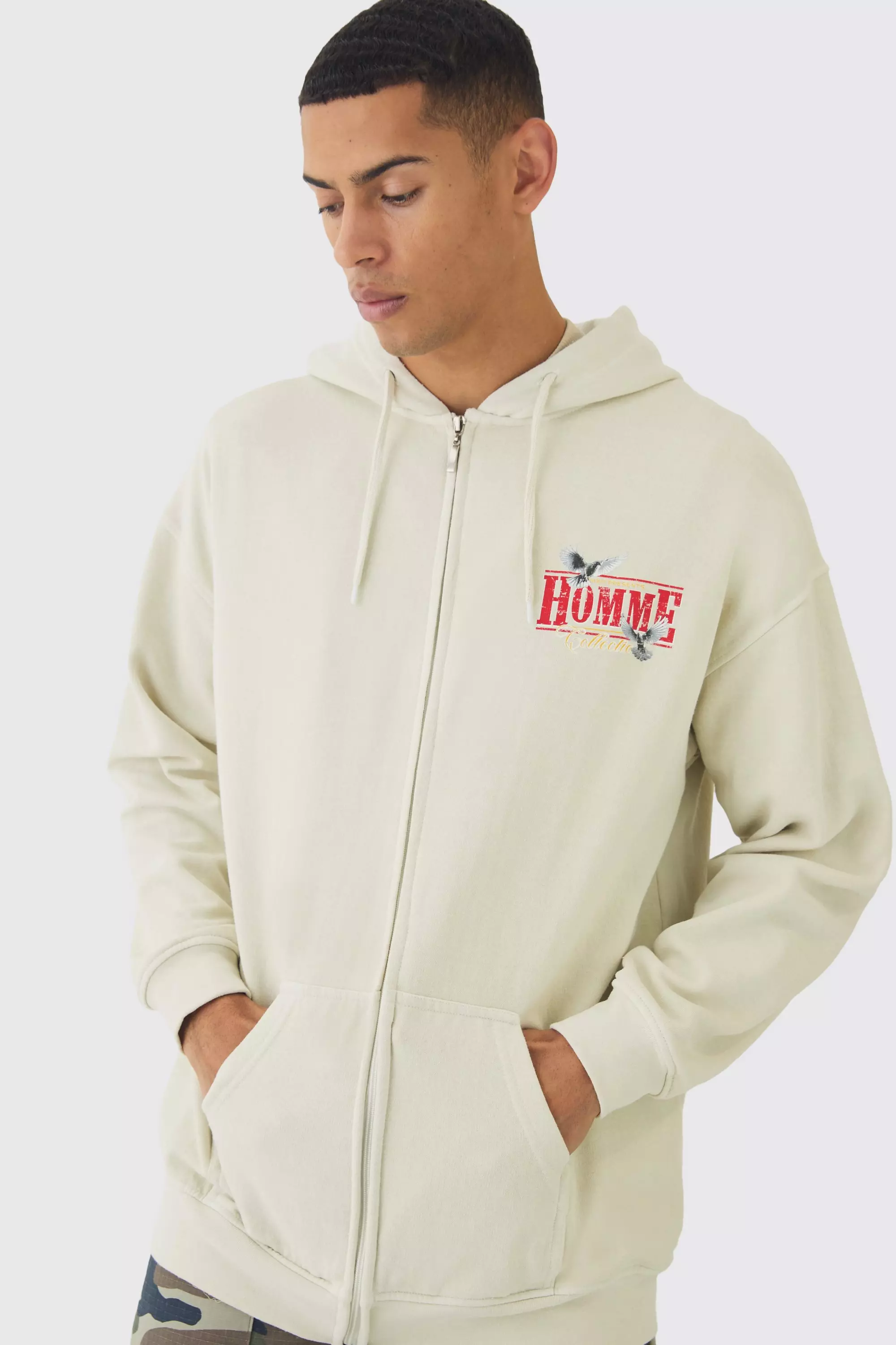 Homme Hoodie mit Print und Reißverschluss, Ecru alternatives Bild