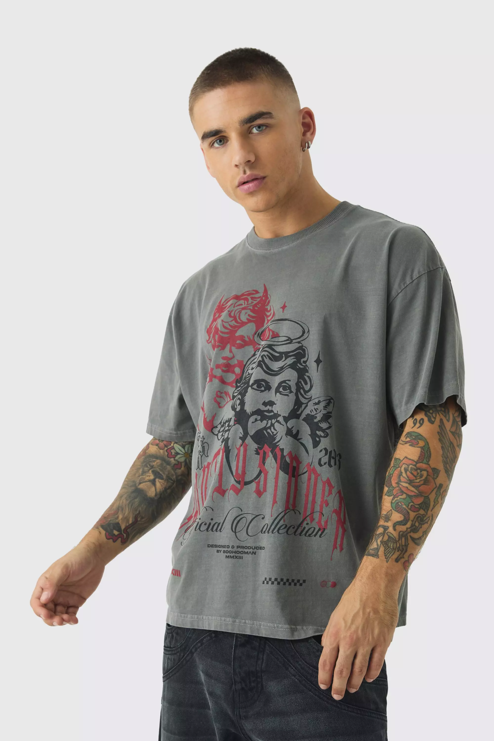 Oversized Boxy Cherub Print Washed Raw Hem T-Shirt Charcoal