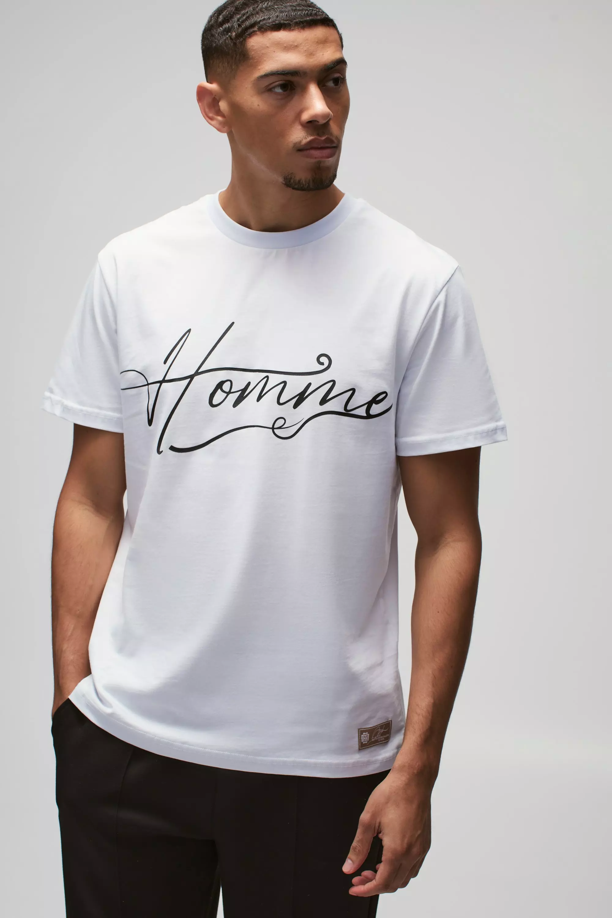 Regular Fit Rubber Homme Print T Shirt With Woven Label boohooMAN UK