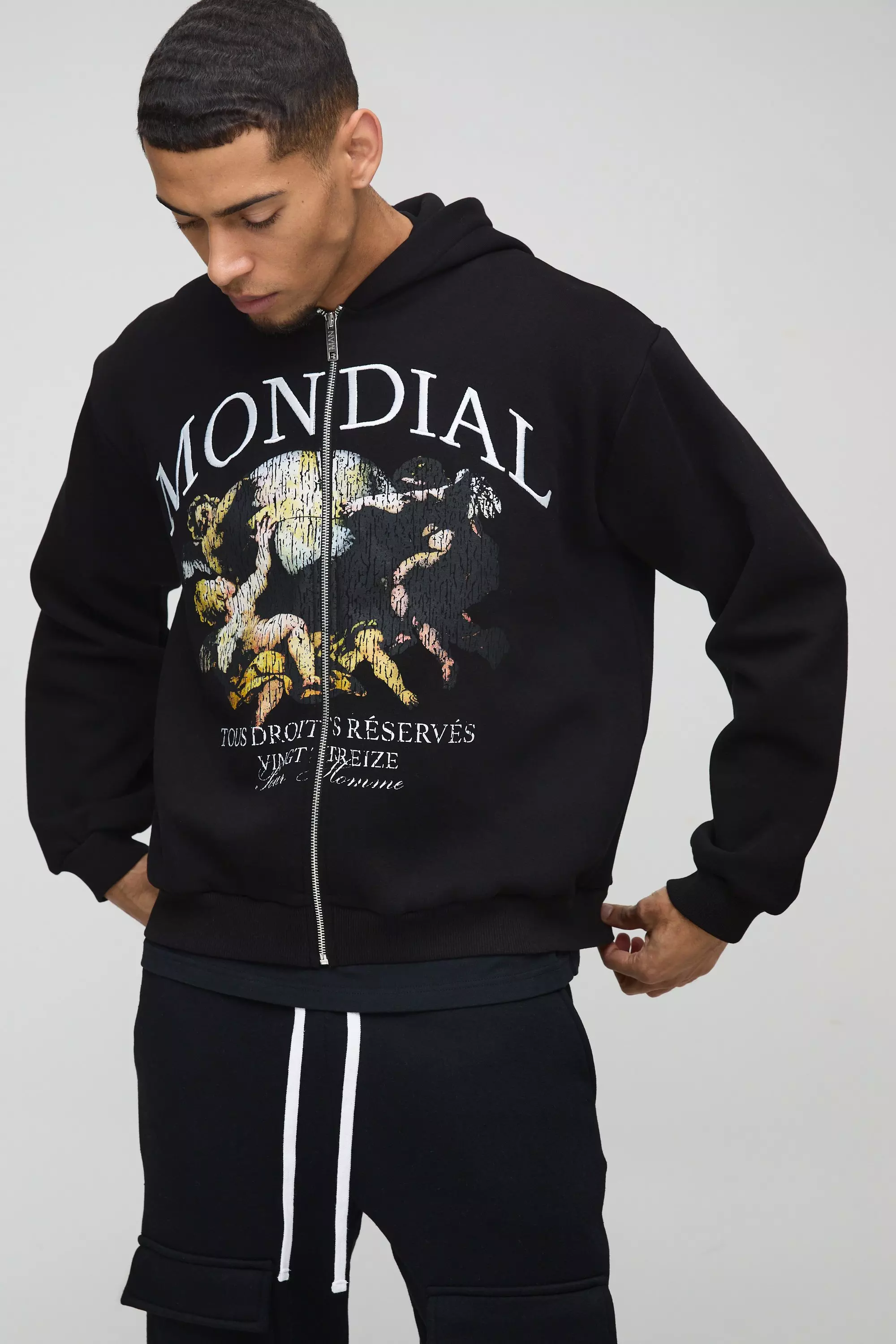 Black Oversized Boxy Large Scale Renaissance Print Zip Through Hoodie