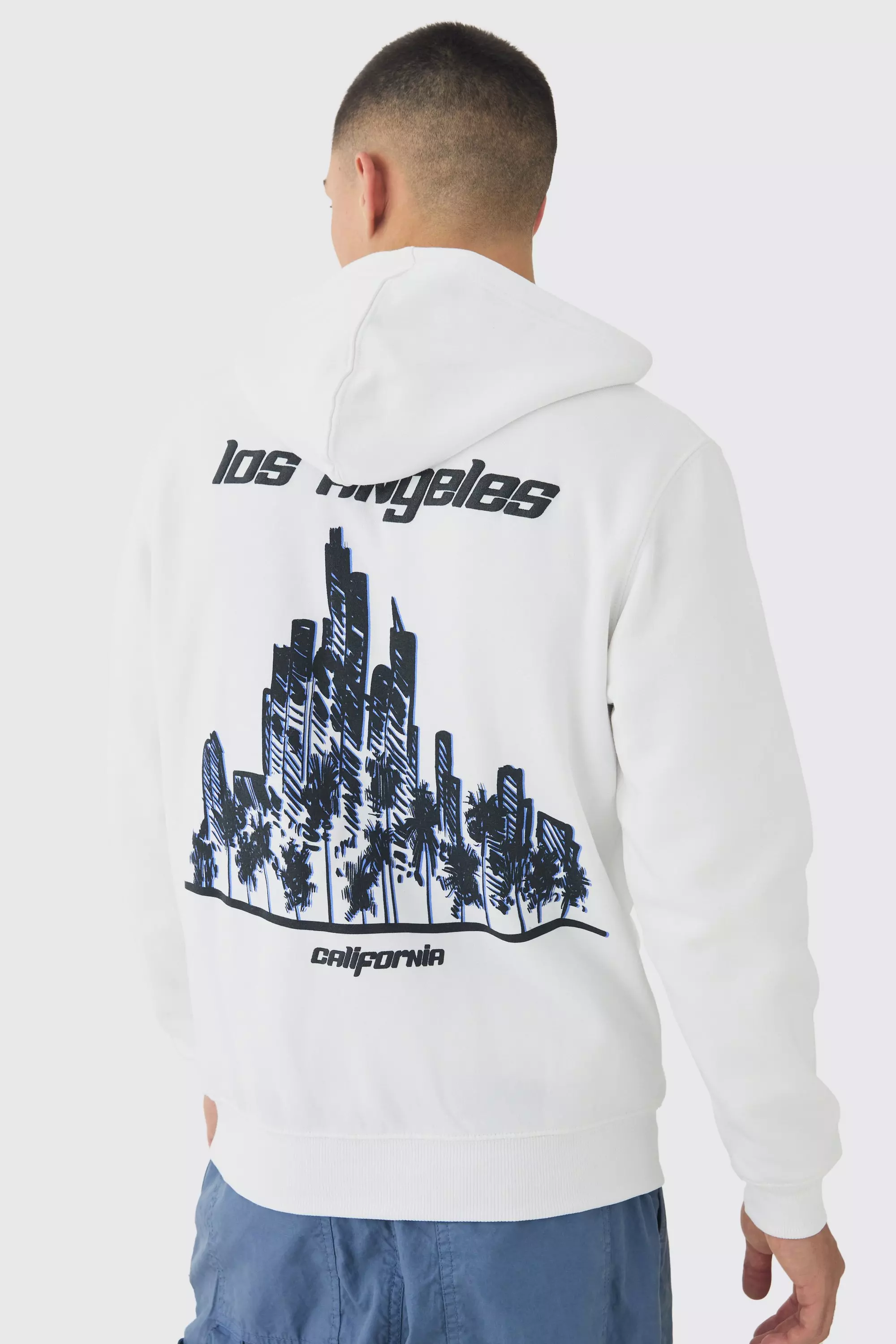 White Los Angeles Puff Print Zip Through Hoodie