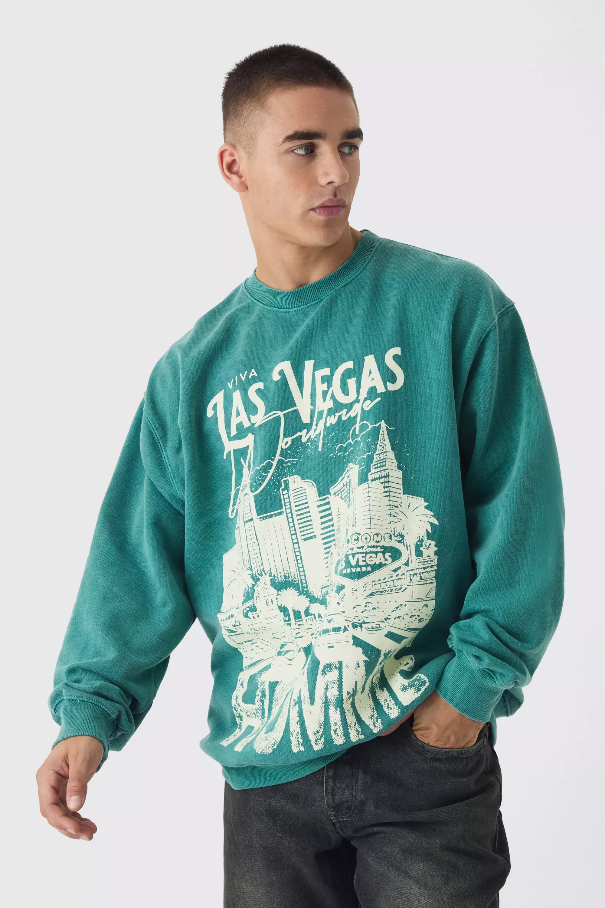 Green Boxy Las Vegas Print Washed Sweatshirt