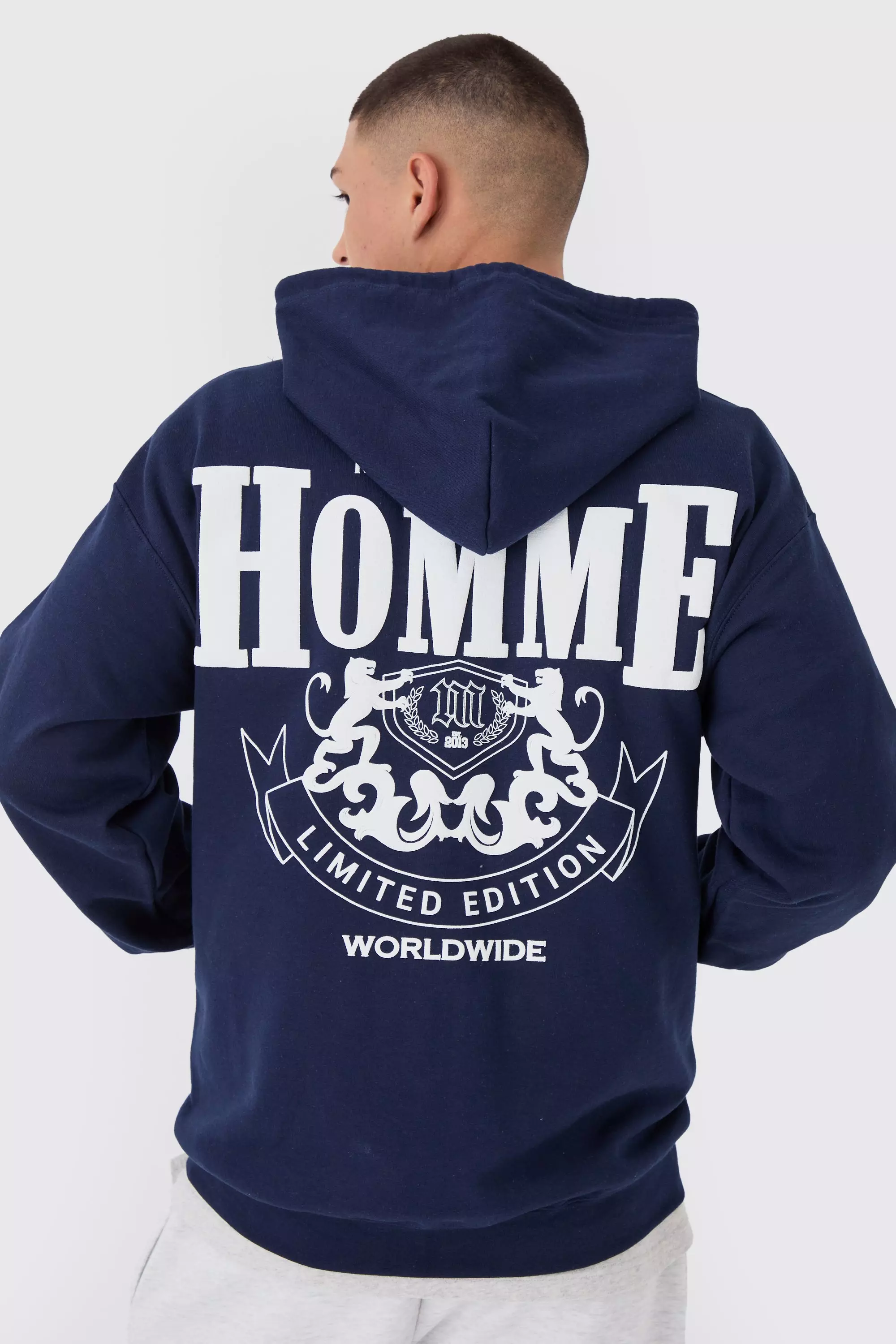 Navy Homme Puff Print Zip Through Hoodie