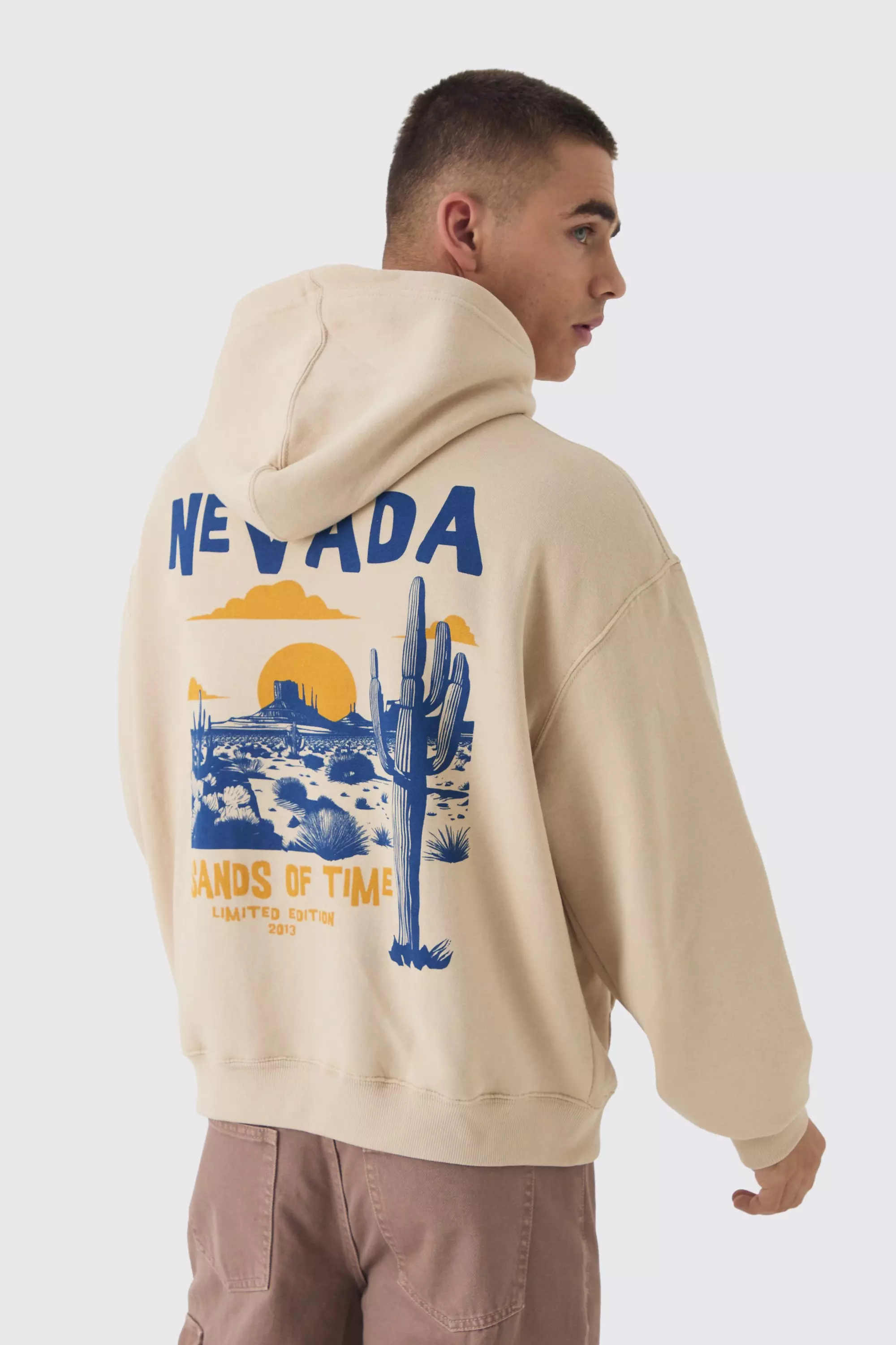 Sand Beige Boxy Western Print Hoodie