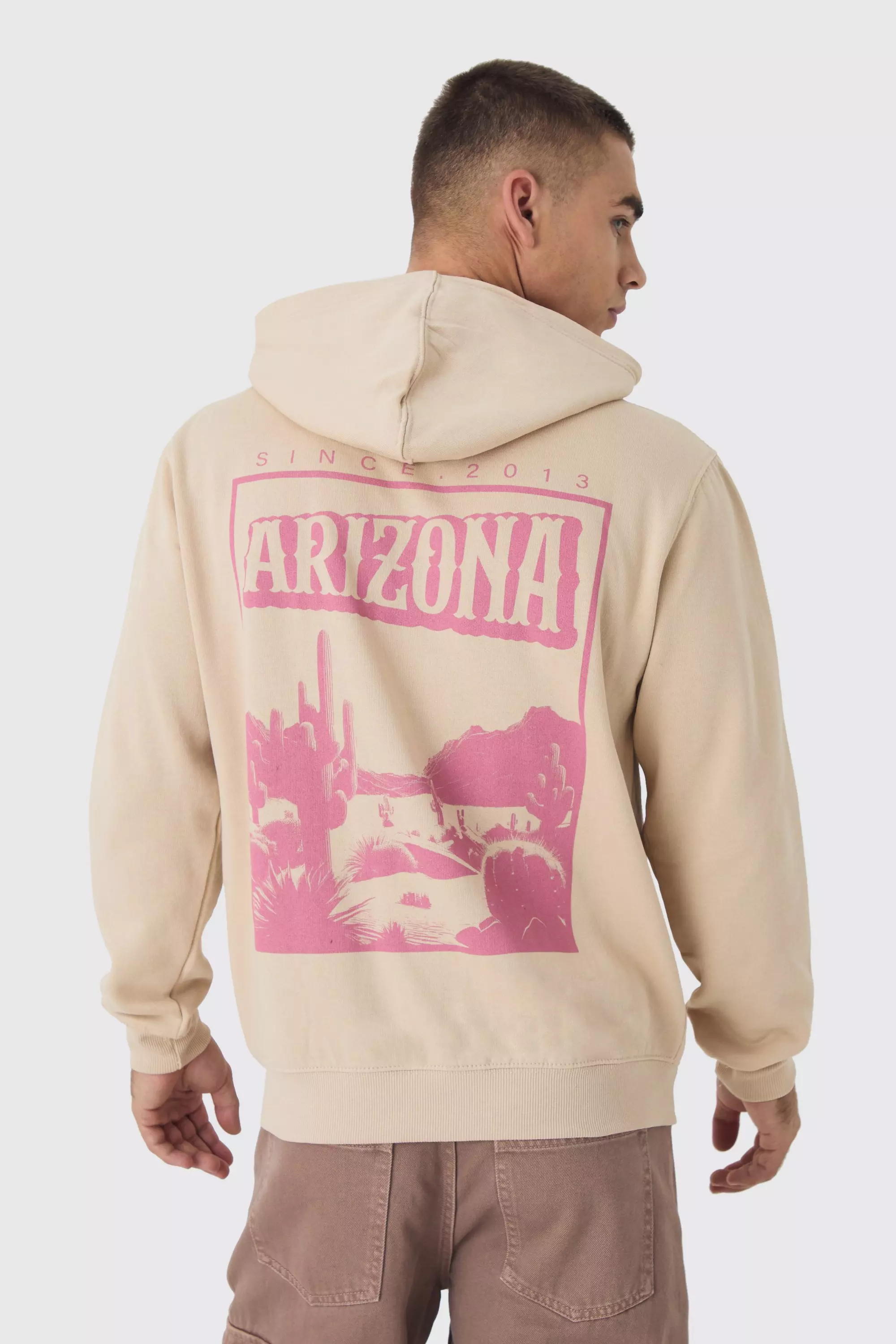 Sand Beige Arizona Back Print Zip Through Hoodie