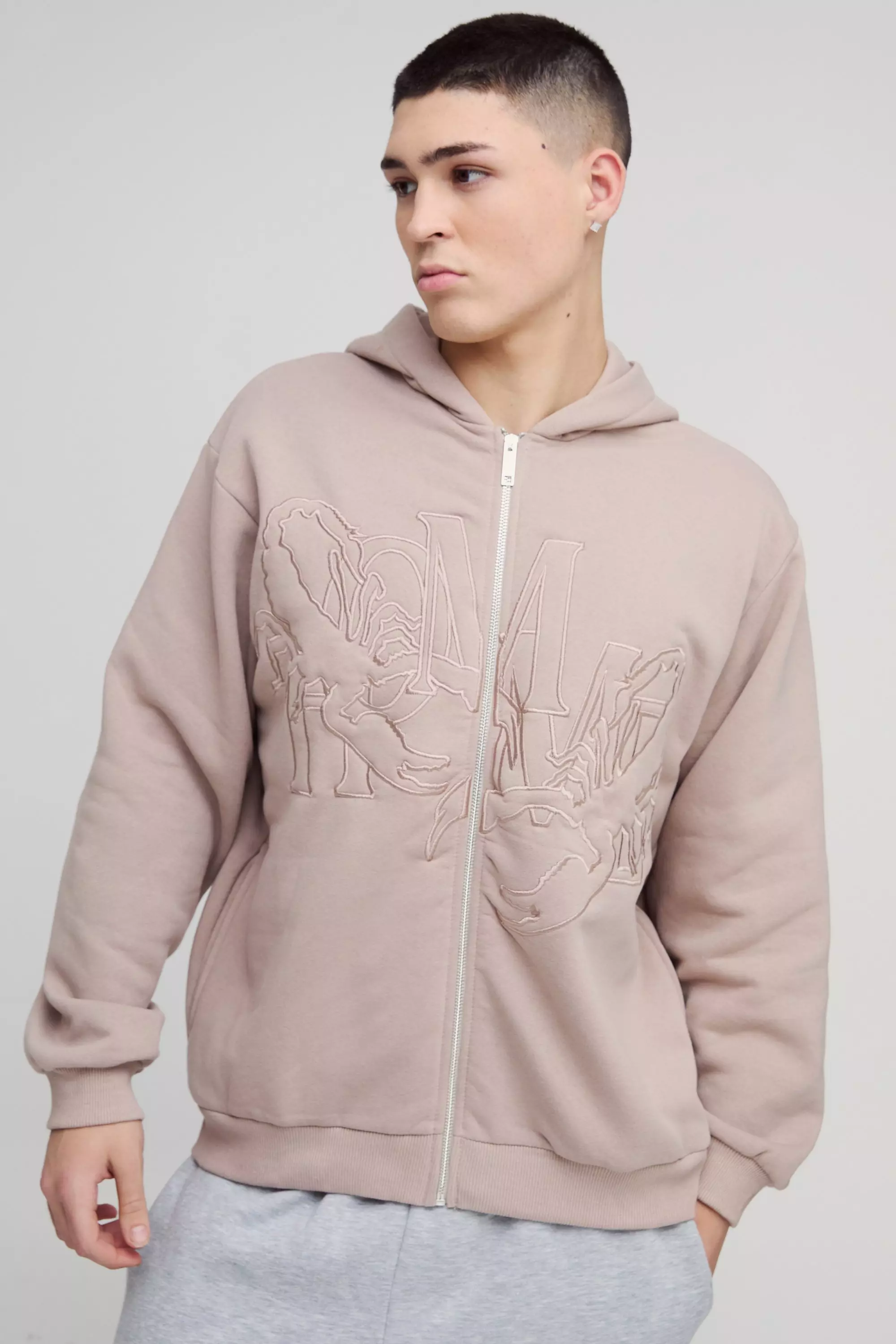 Taupe Oversized Homme Twill Applique Zip Through Hoodie alternative image