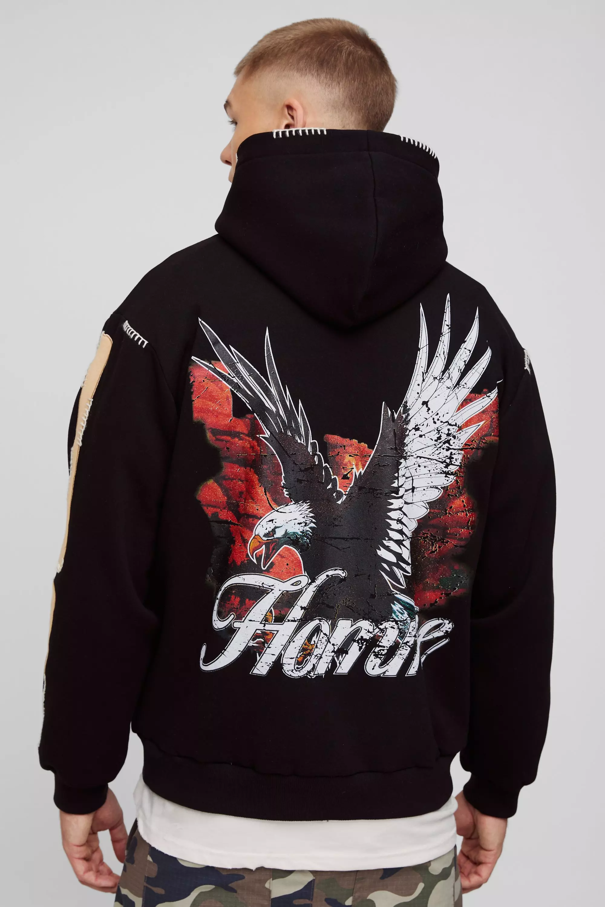 Oversized Homme Skeleton Applique Blanket Stitch Hoodie Black