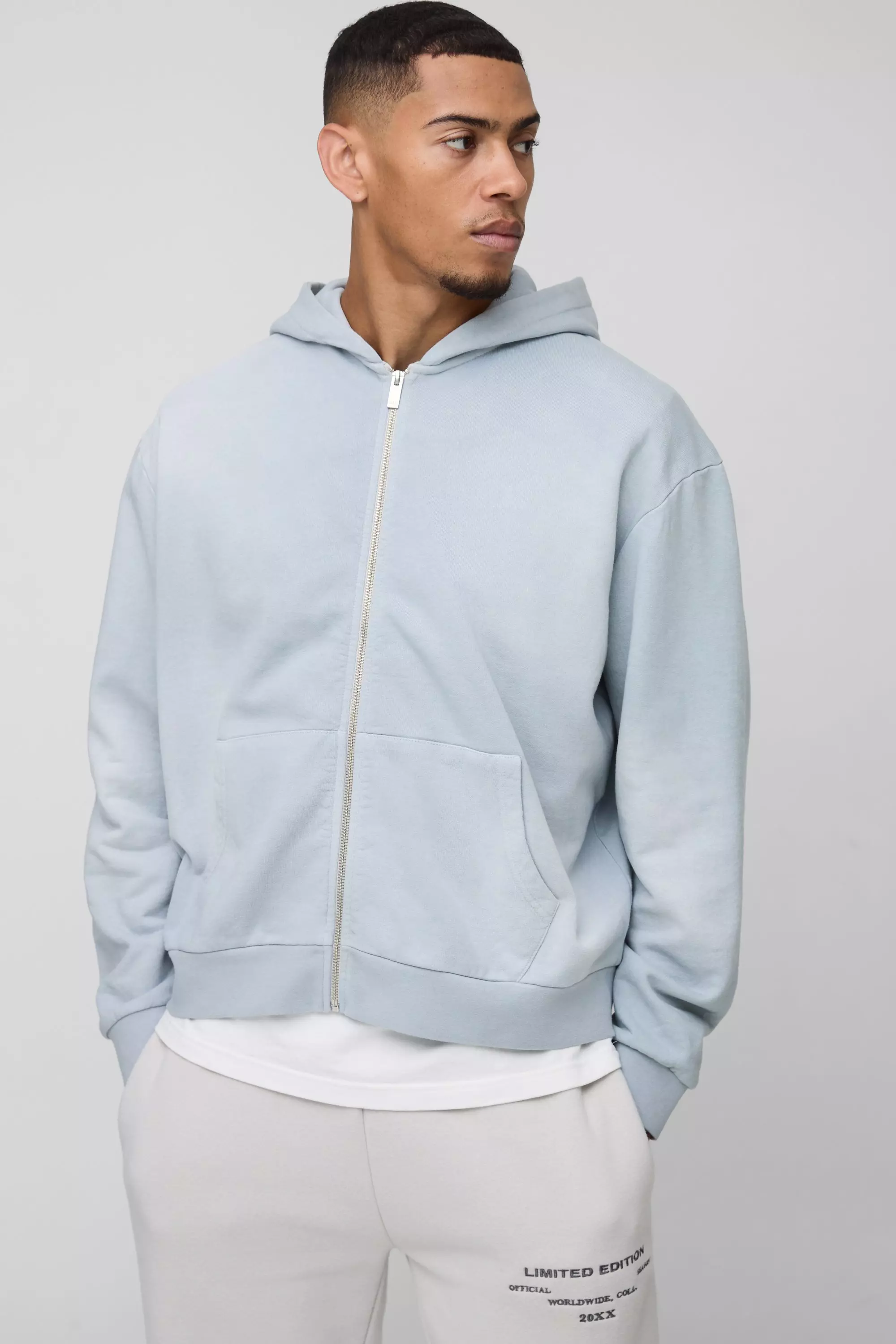 Grey Oversized Boxy Spray Wash Zip Through Hoodie