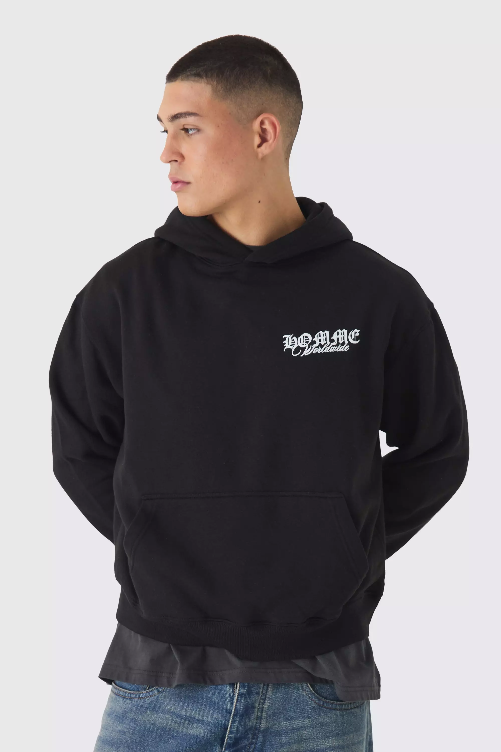 Black Boxy Homme Tonal Print Hoodie alternative image