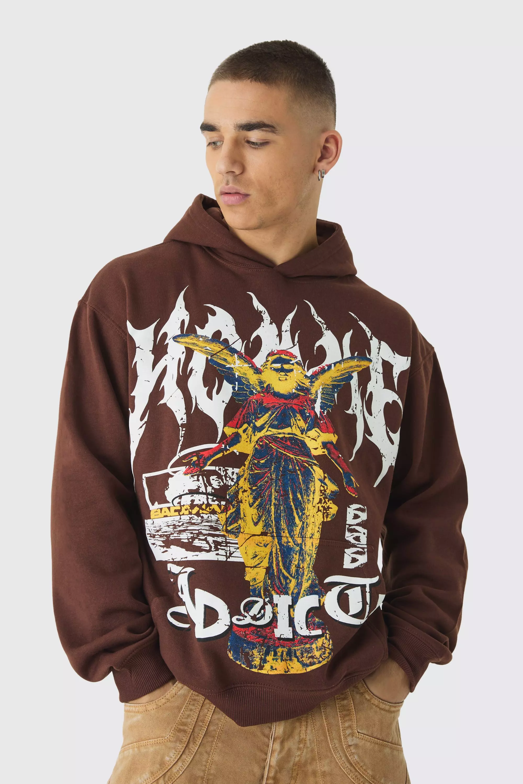 Chocolate Boxy Renaissance Print Hoodie Met Naaddetail alternatieve afbeelding