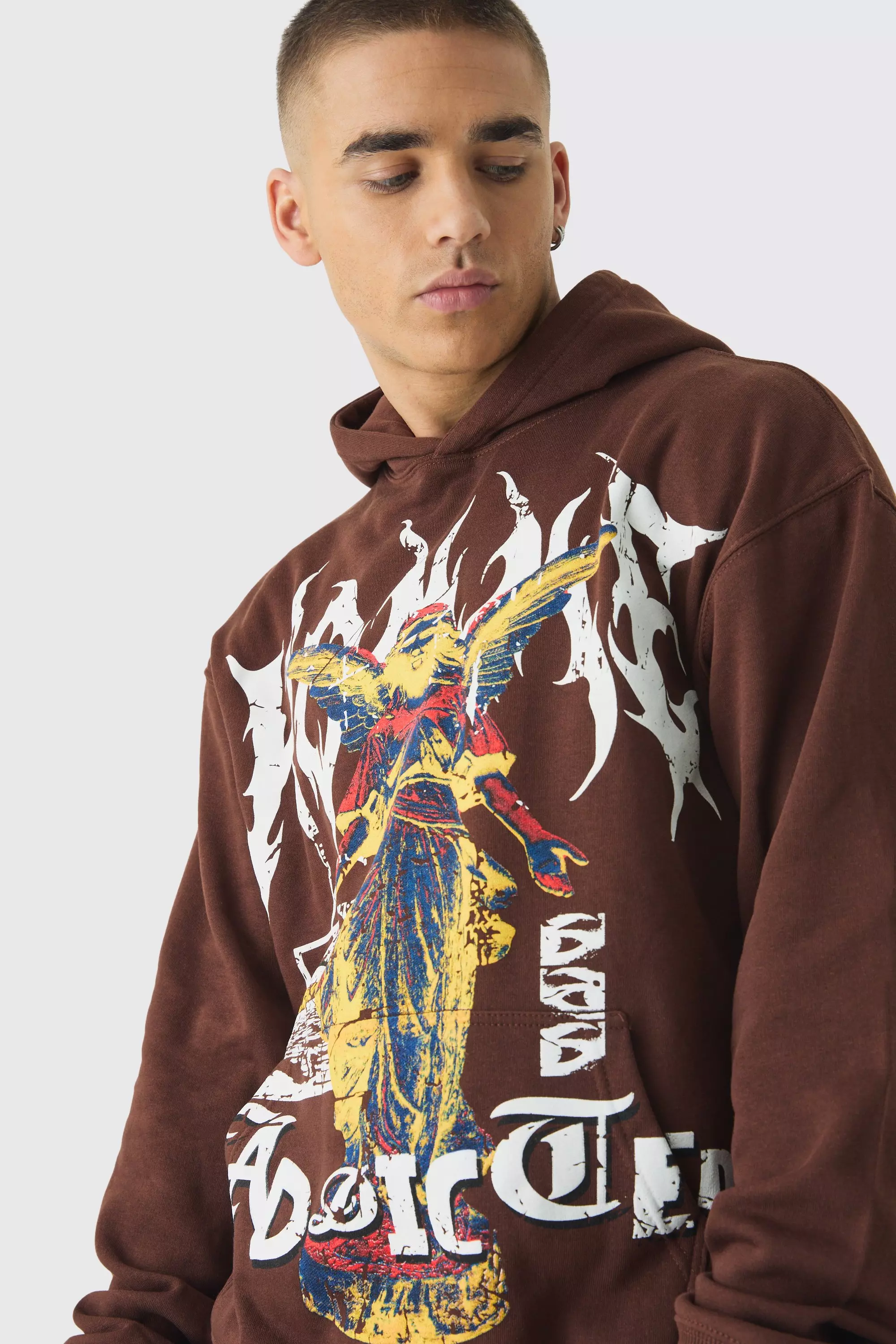 Chocolate Boxy Renaissance Print Hoodie Met Naaddetail alternatieve afbeelding