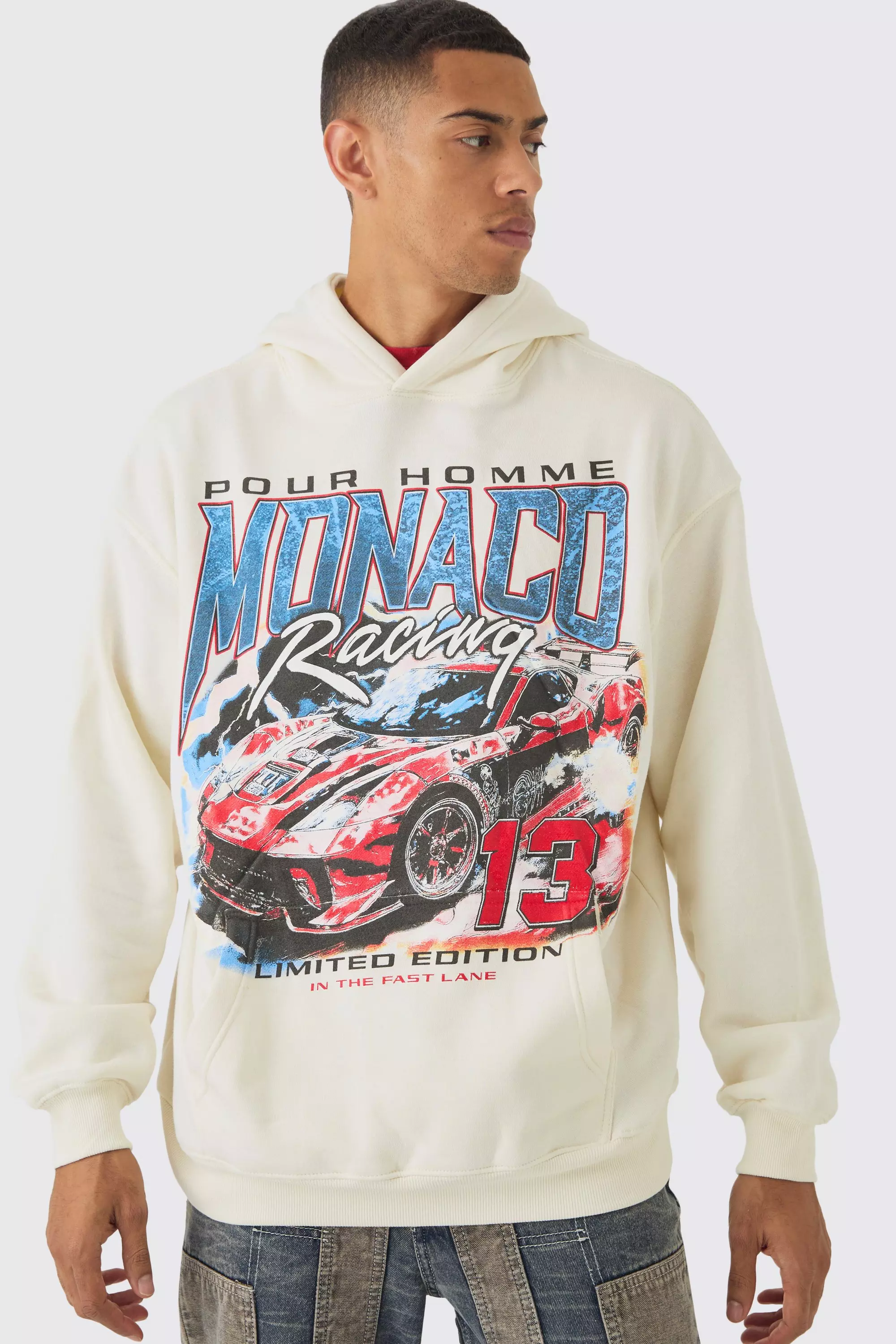 Oversized Monaco Racing Print Hoodie Ecru