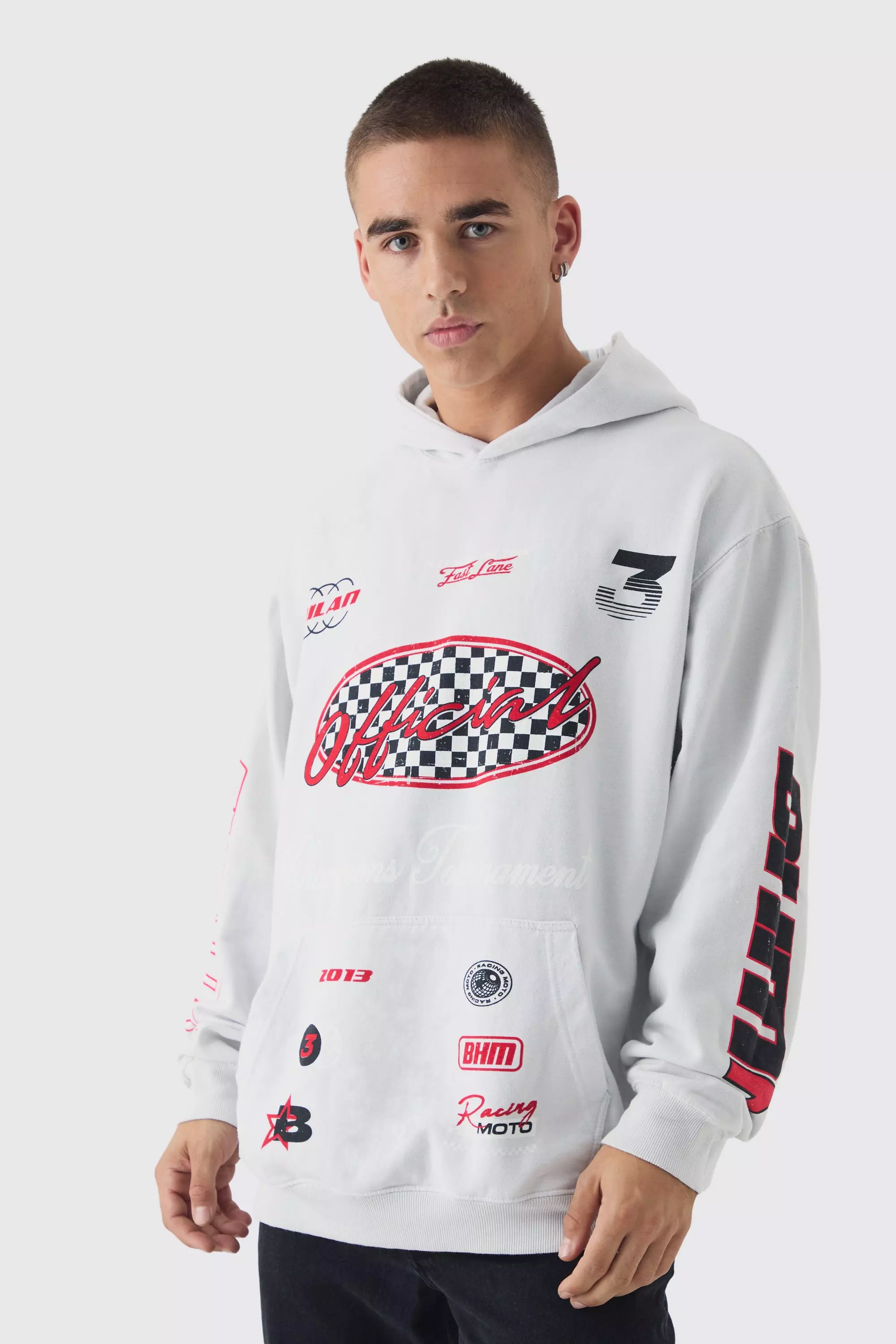 Oversized Moto Print Hoodie Grey