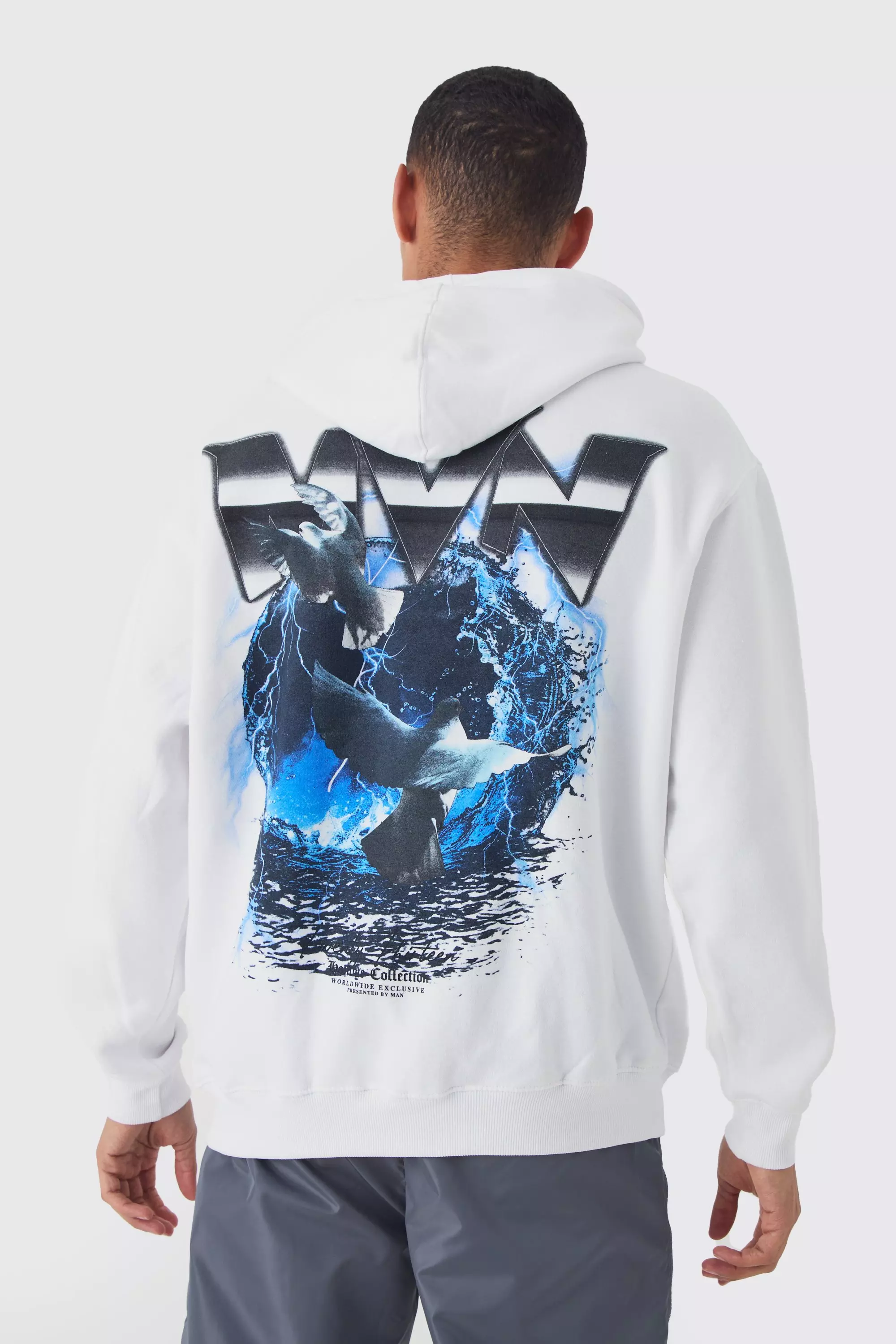 BoohooMAN Men s Dove Back Print Hoodie Blue Hoodies