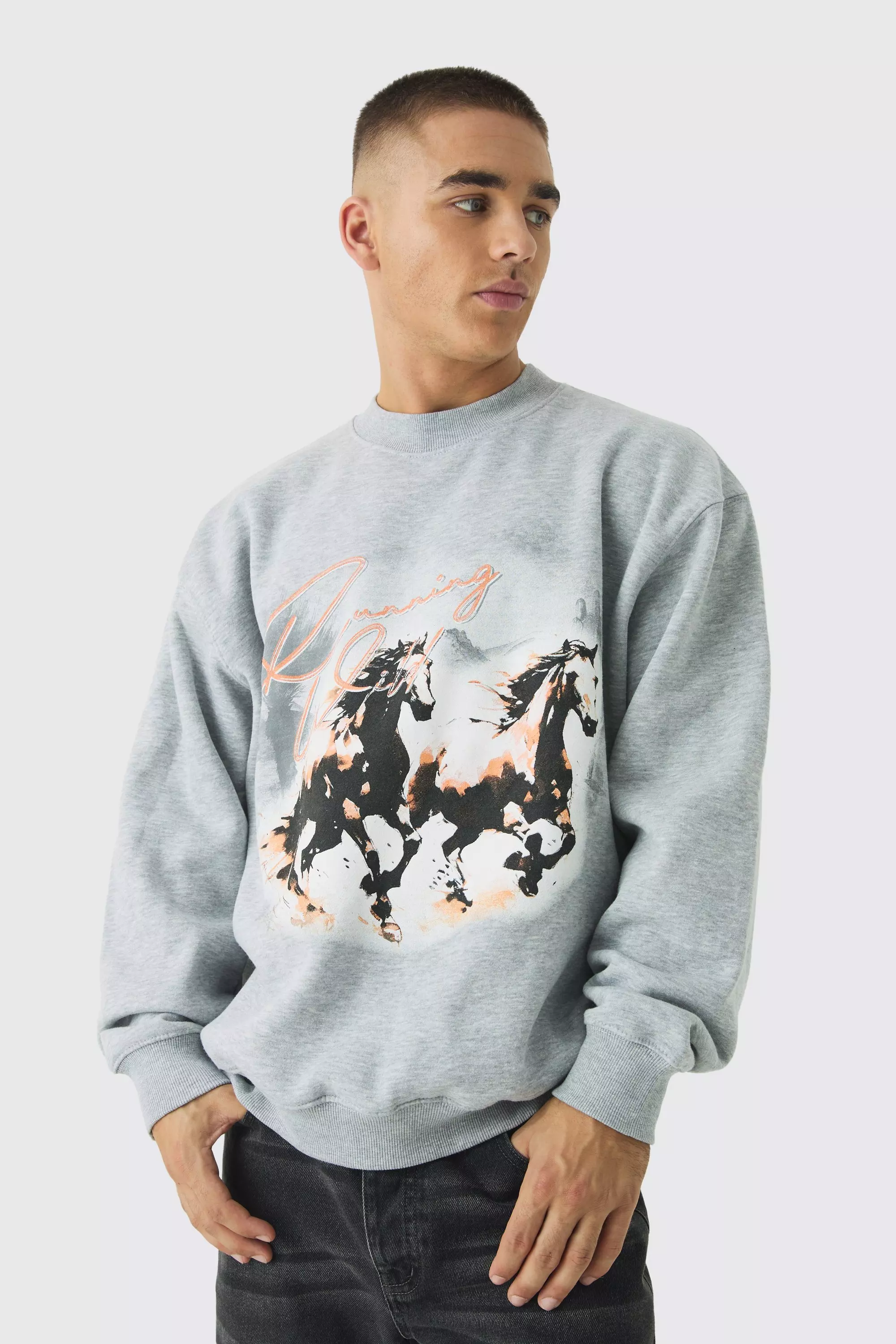 Oversized Extended Neck Horse Print Sweatshirt boohooMAN