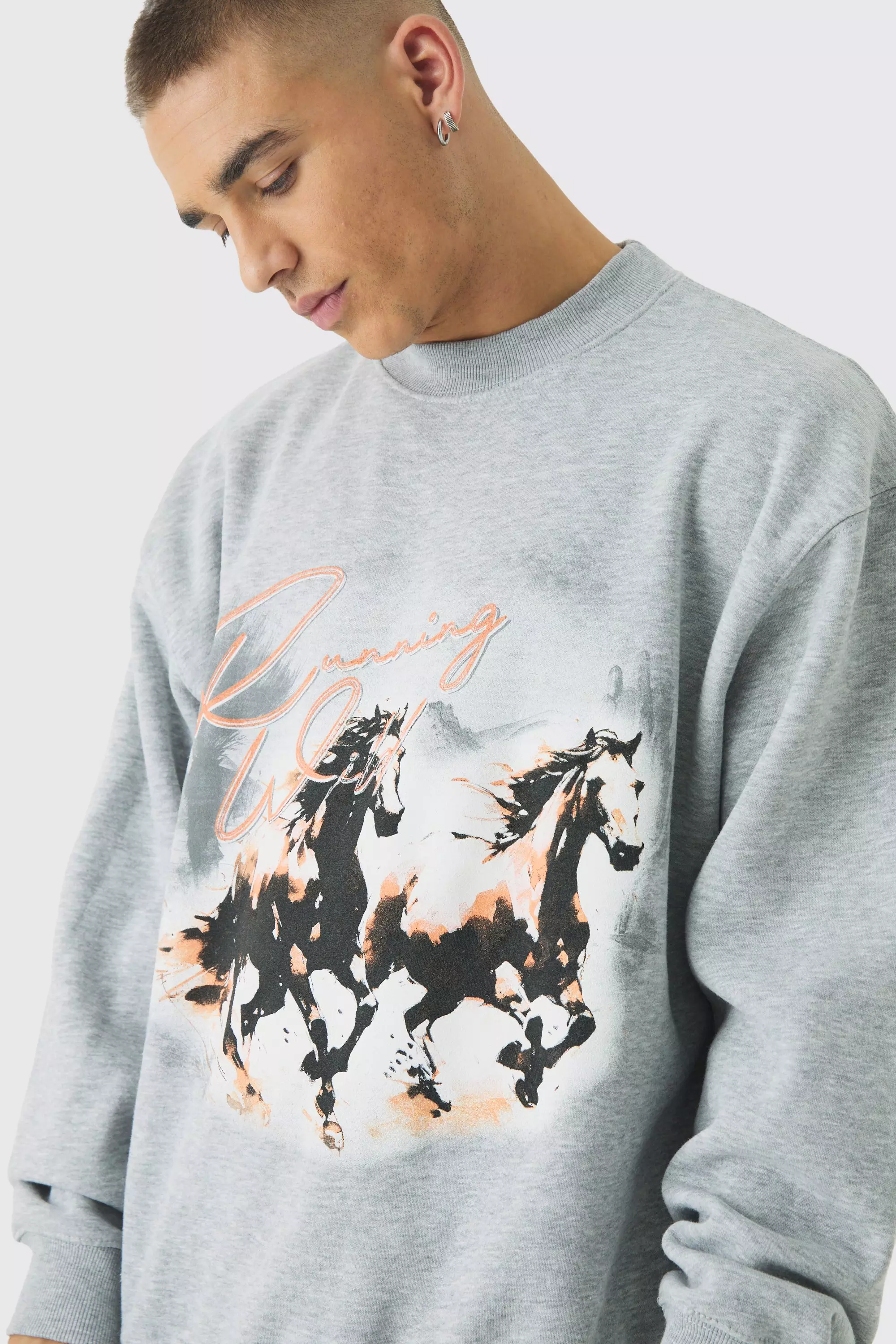 Oversized Extended Neck Horse Print Sweatshirt boohooMAN UK