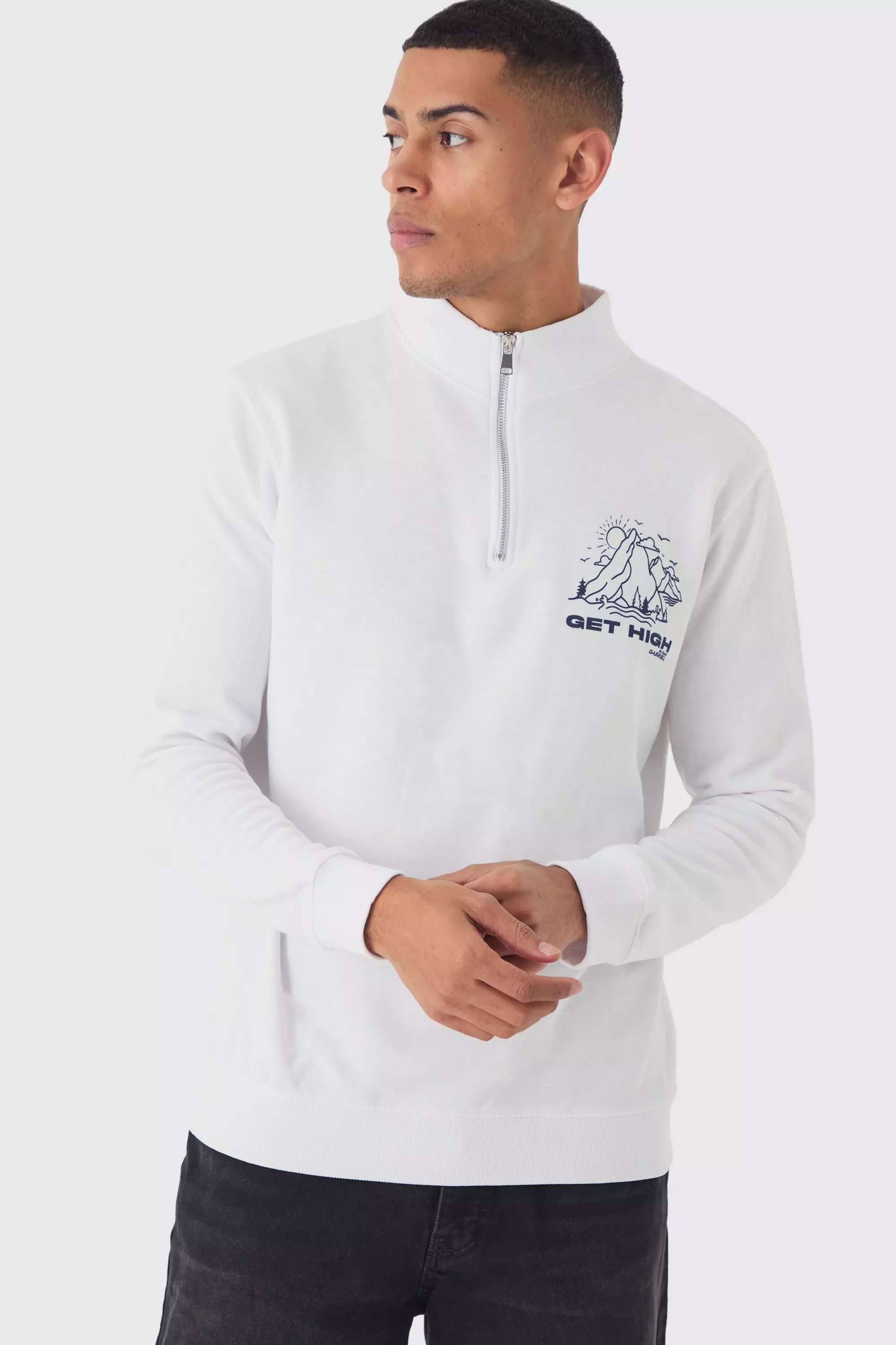 White Oversized Mountain Back Print Quarter Zip Sweatshirt