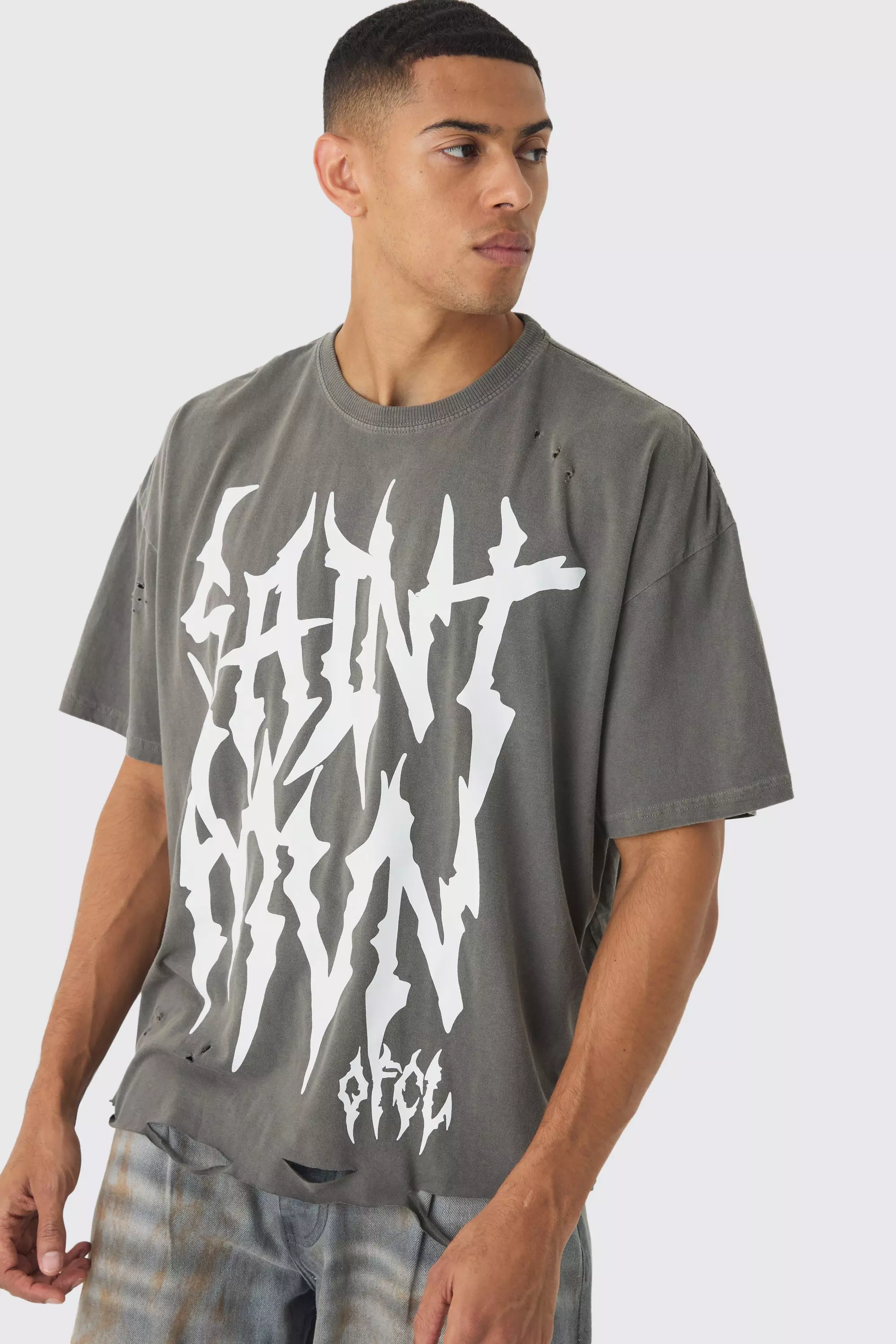 Boxy Extreme Distressed Gothic Print Washed Raw Hem T-Shirt Charcoal