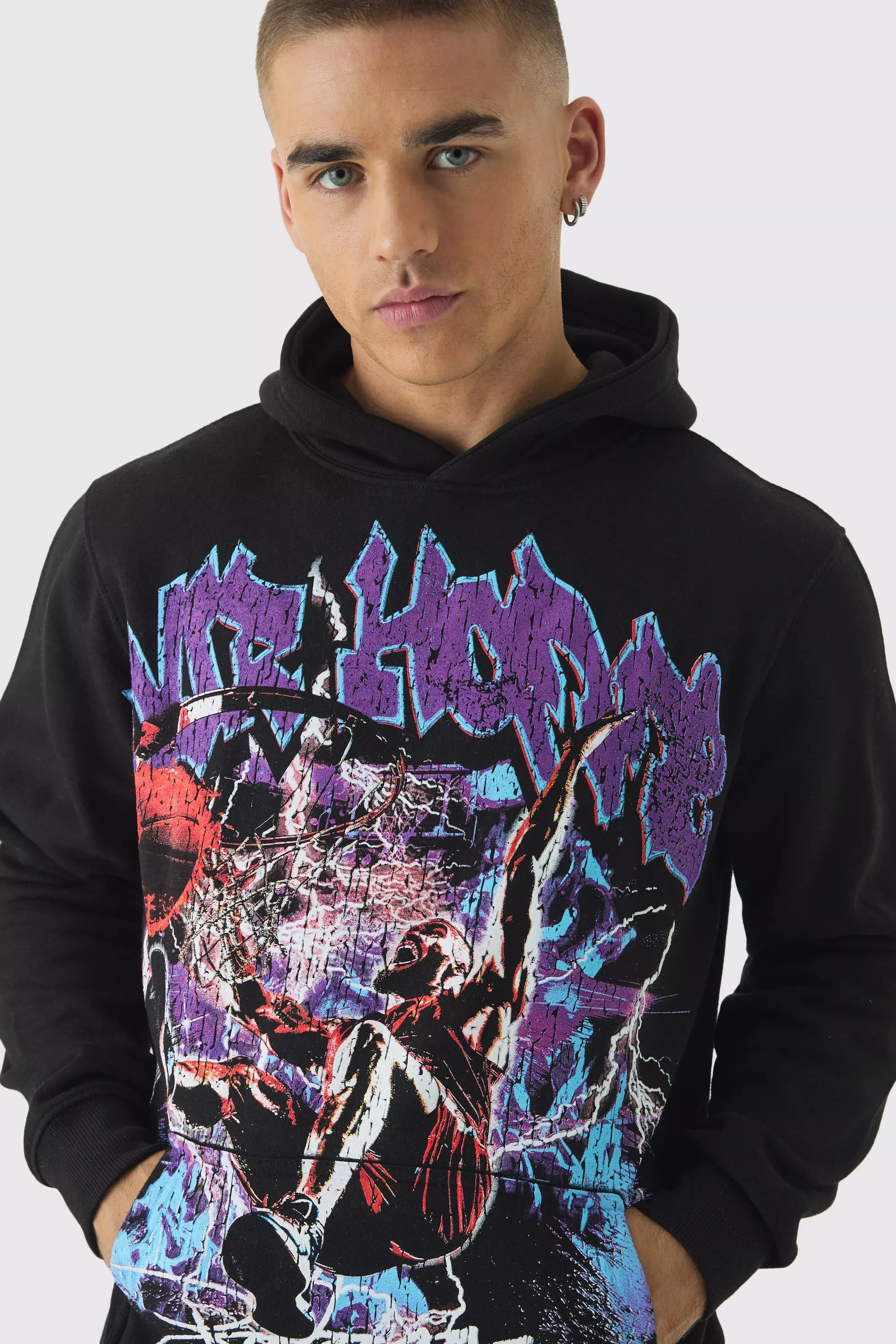 Black Large Scale Graffiti Basketball Puff Print Hoodie alternative image