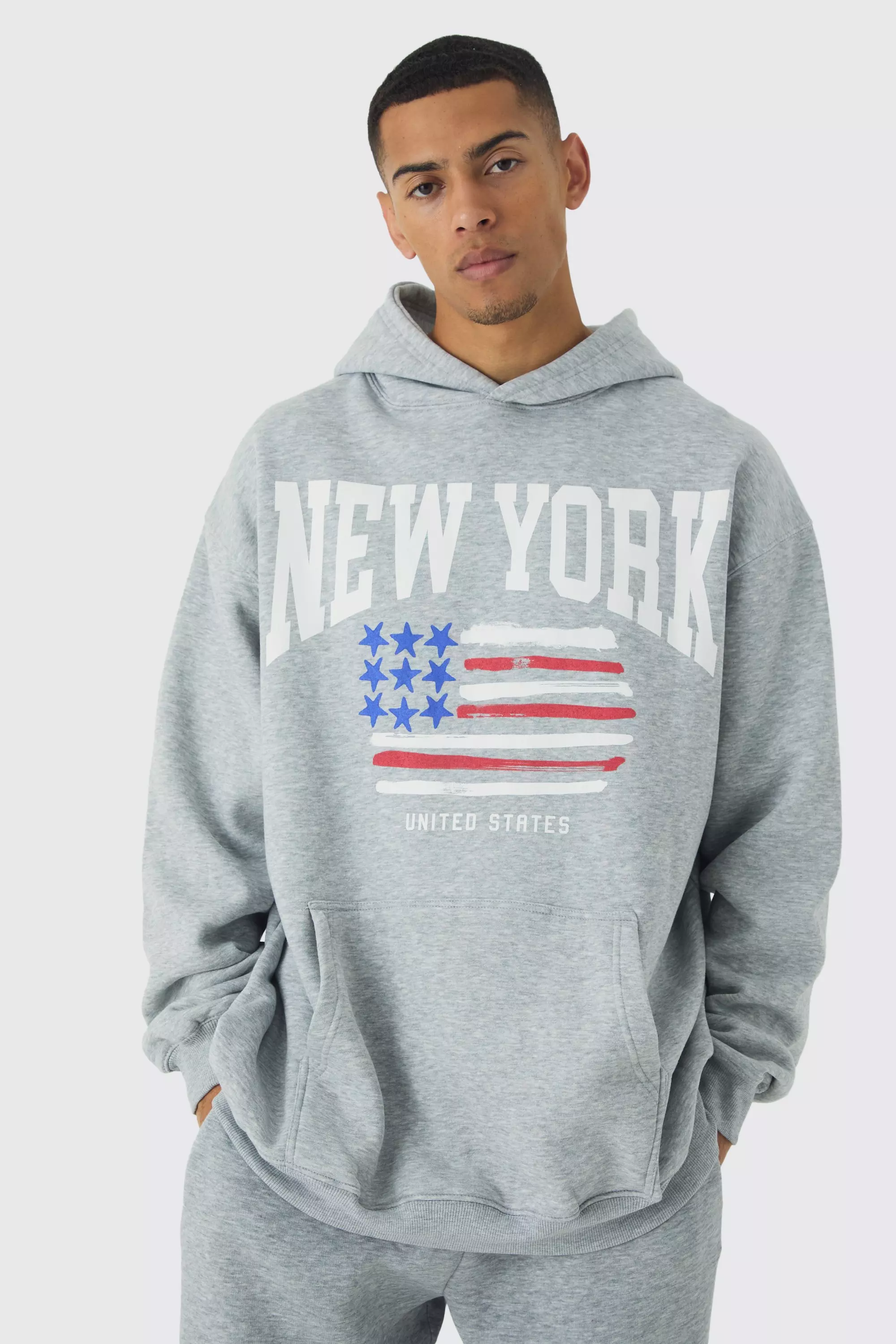 Grey Plus New York Print Oversized Hoodie in Grey