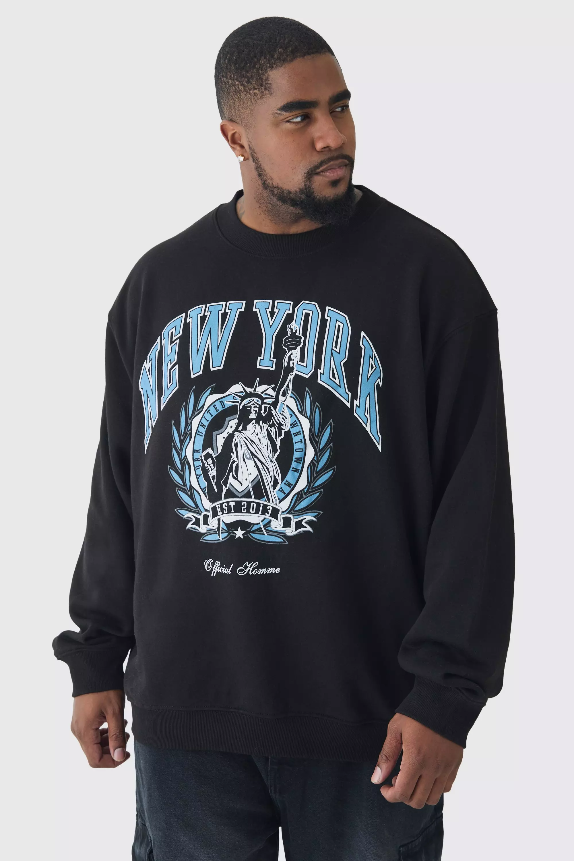 Black Plus New York Print Oversized Extended Neck Sweatshirt in Black