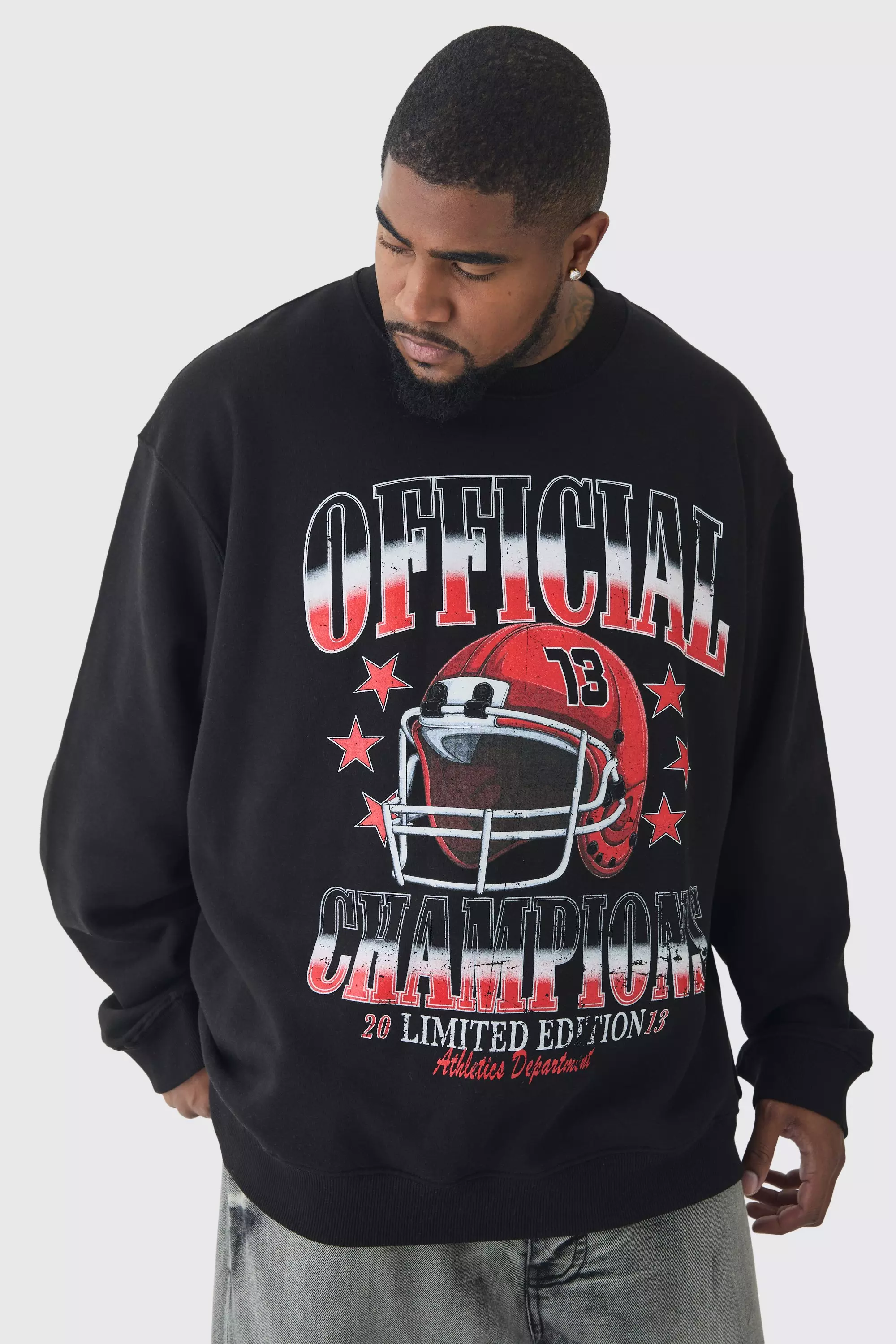 Black Plus Official Champions Print Washed Oversized Extended Neck Sweatshirt in Black