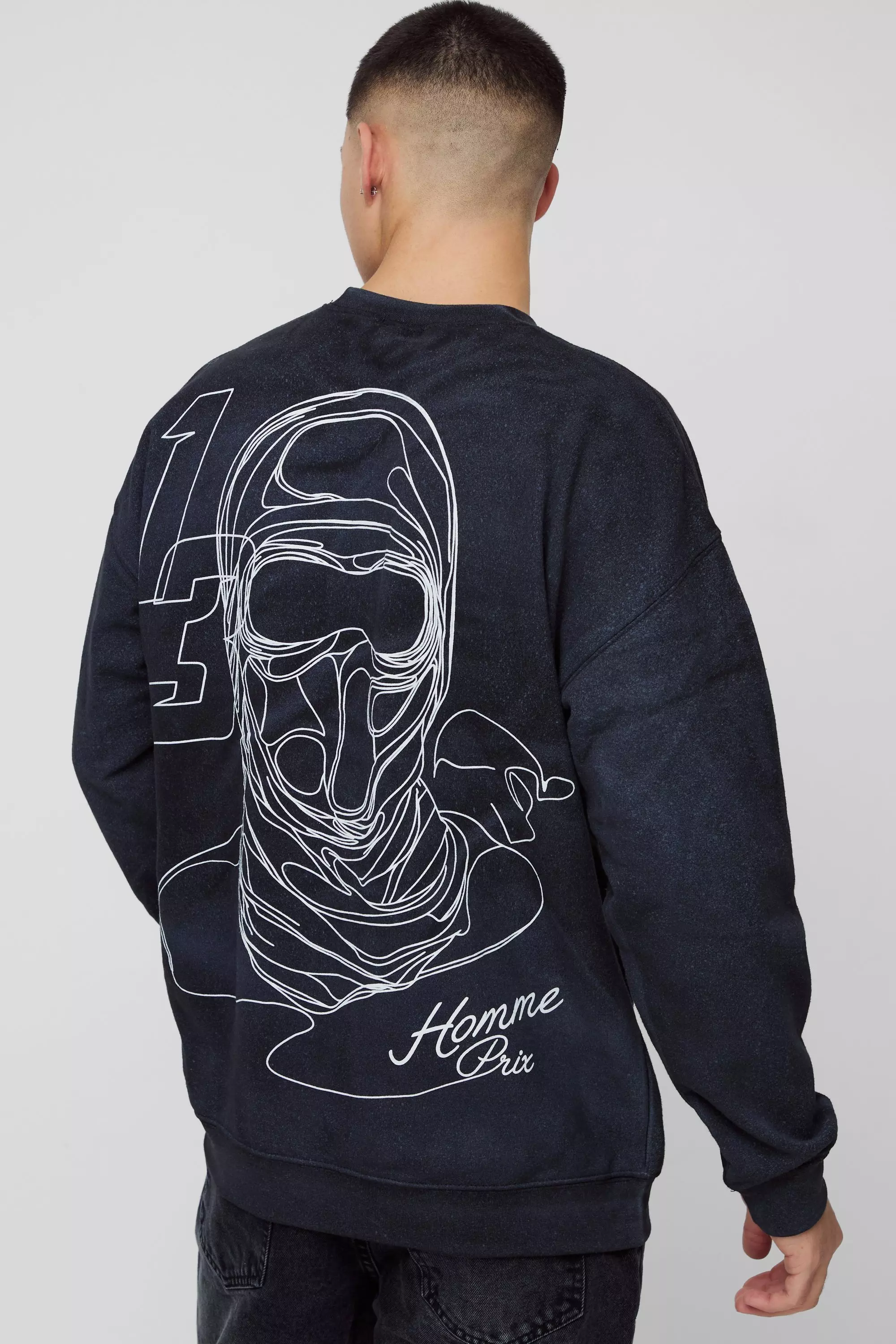 Moto Mask Line Drawing Graphic Spray Washed Sweatshirt Black