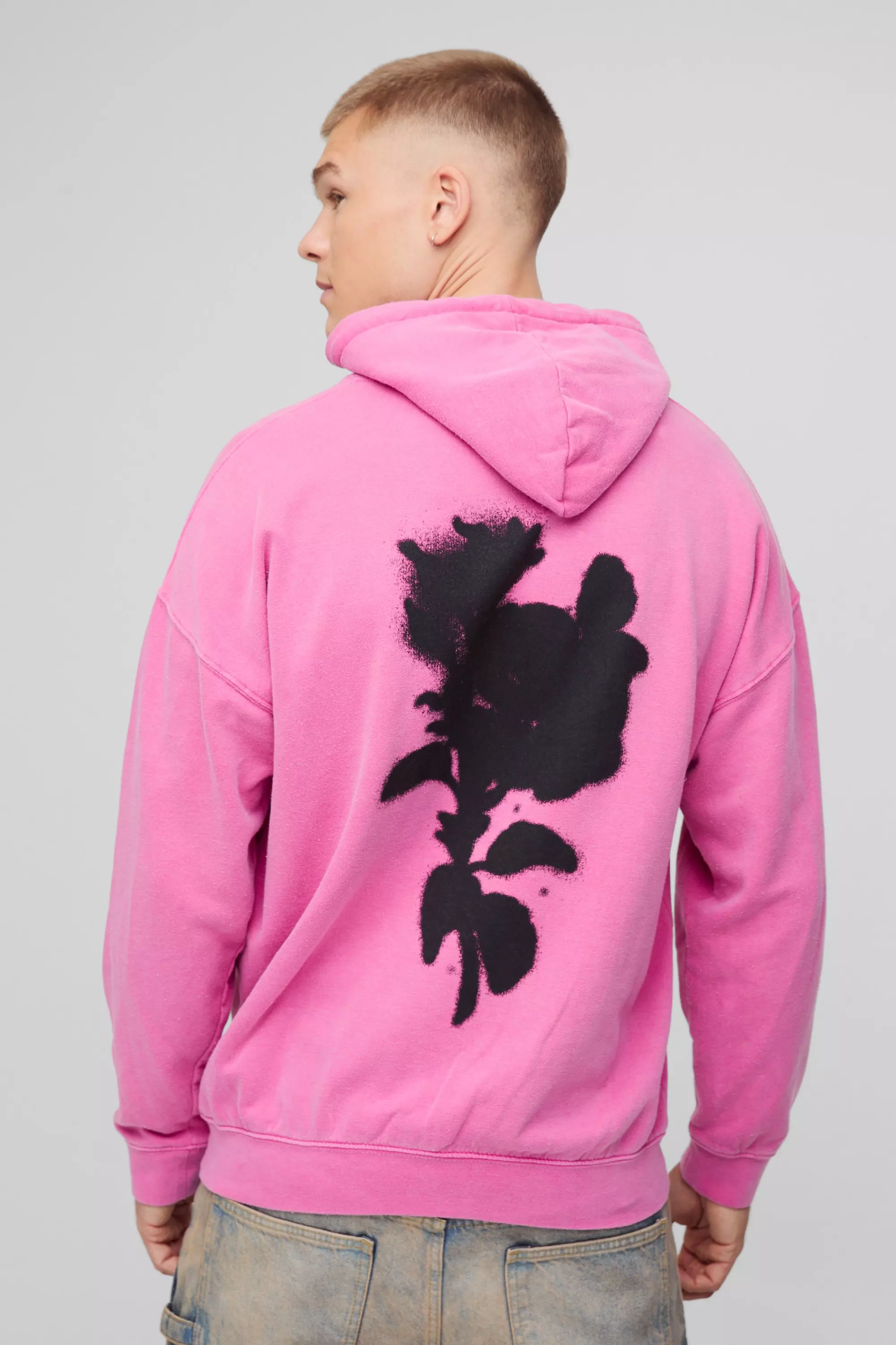 Blurred Floral Graphic Washed Hoodie boohooMAN UK