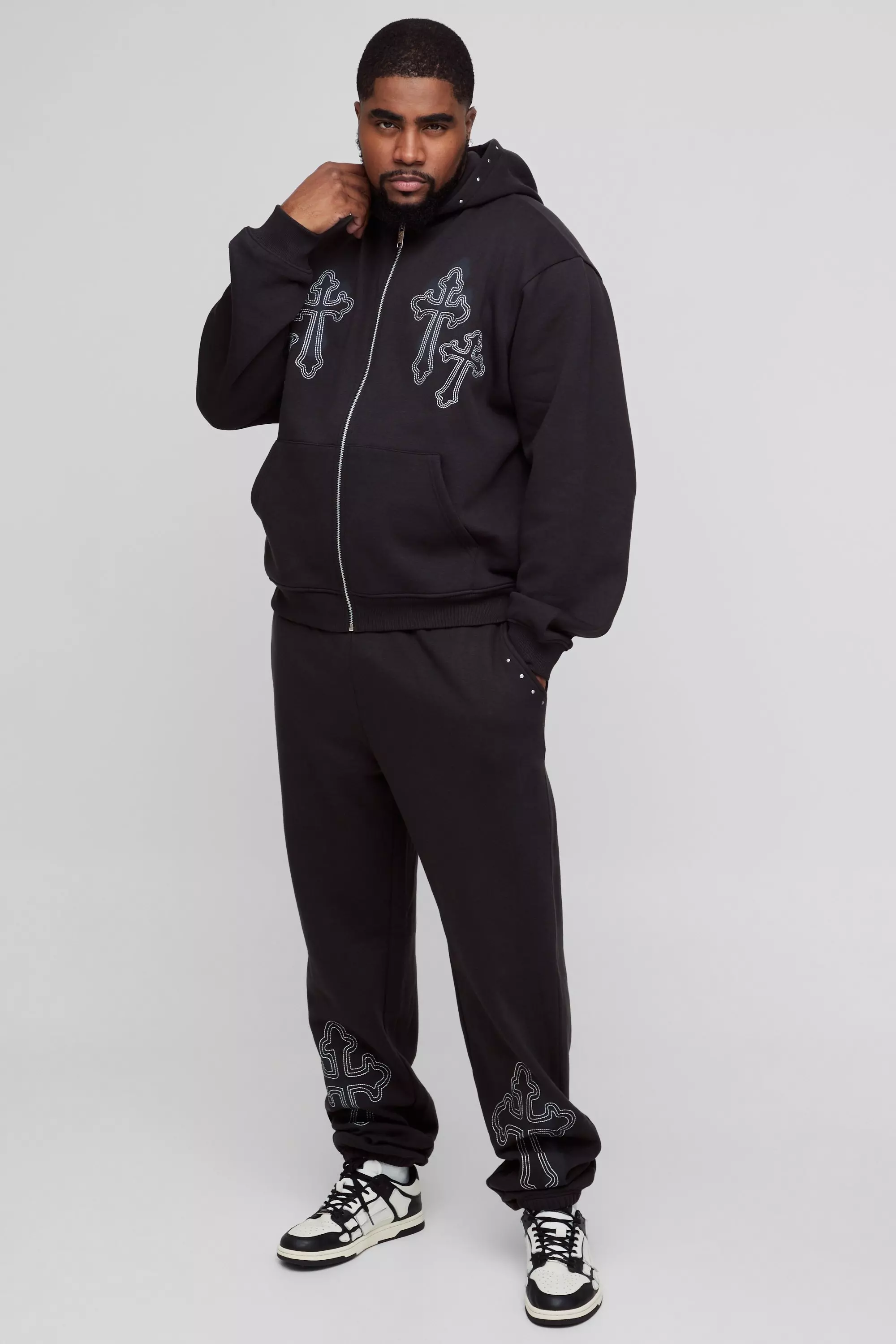 Black Tall Oversized Boxy Cross Embroidered Zip Through Hooded Tracksuit