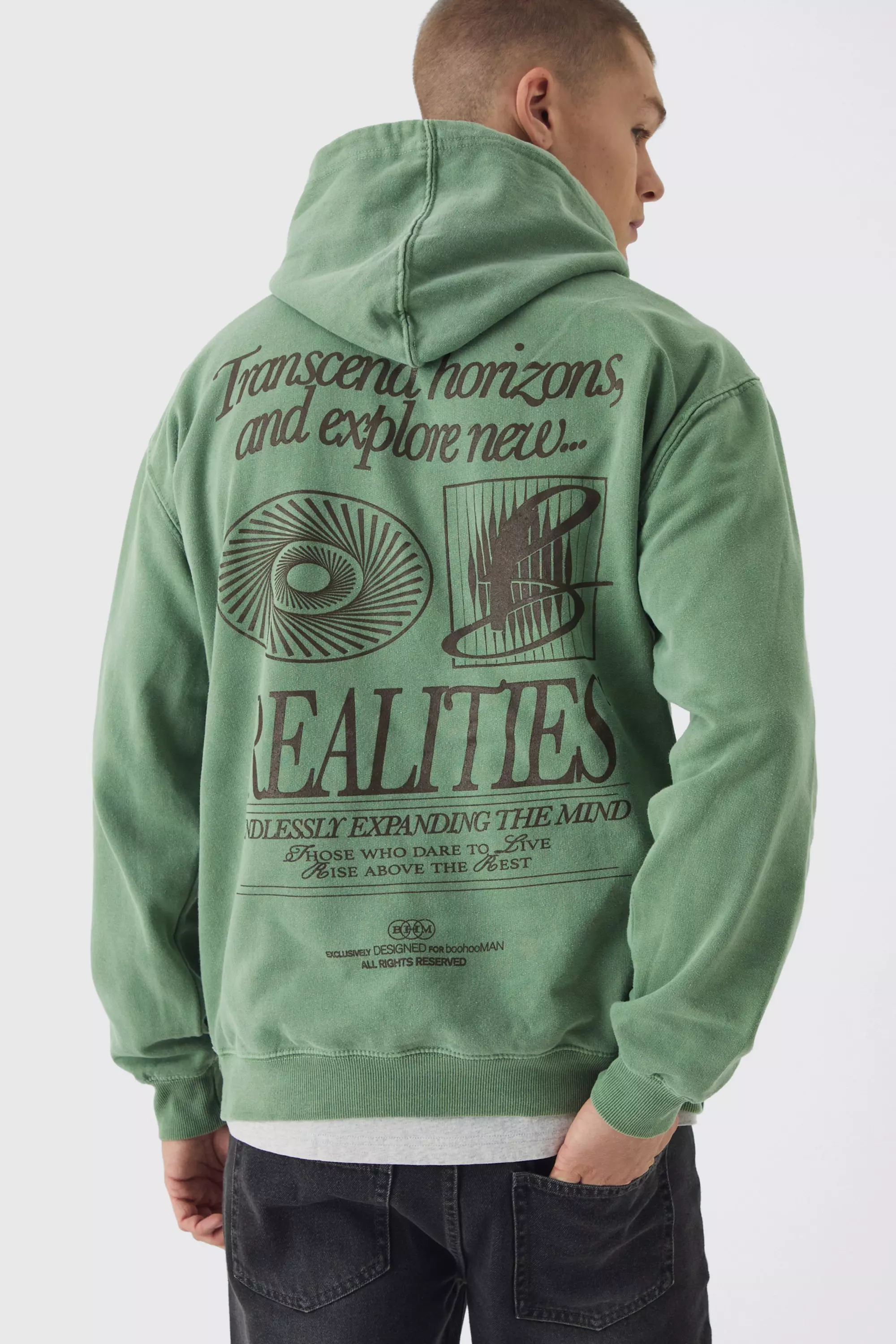 Green Oversized Celestial Realities Graphic Washed Hoodie