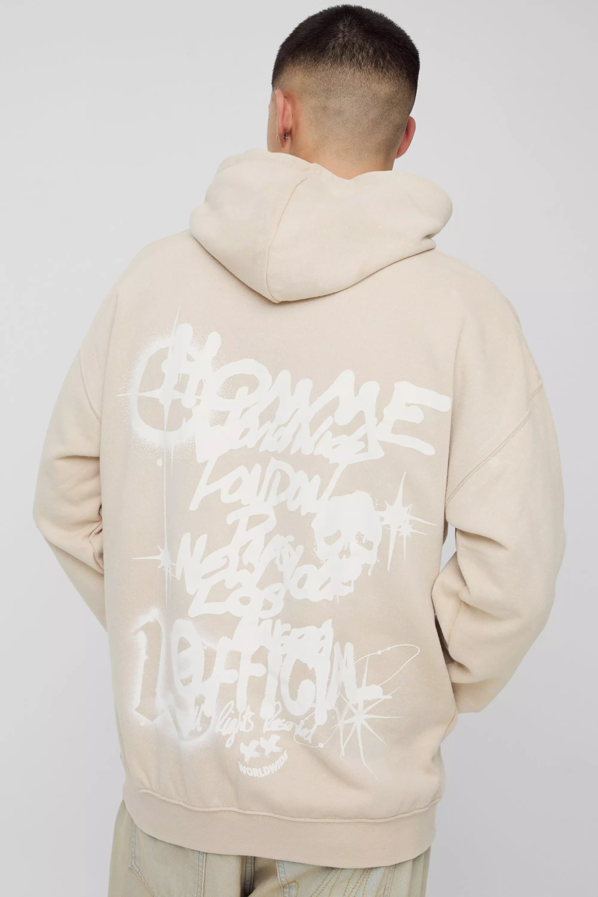 Sand Beige 13 Graffiti Graphic Spray Washed Hoodie