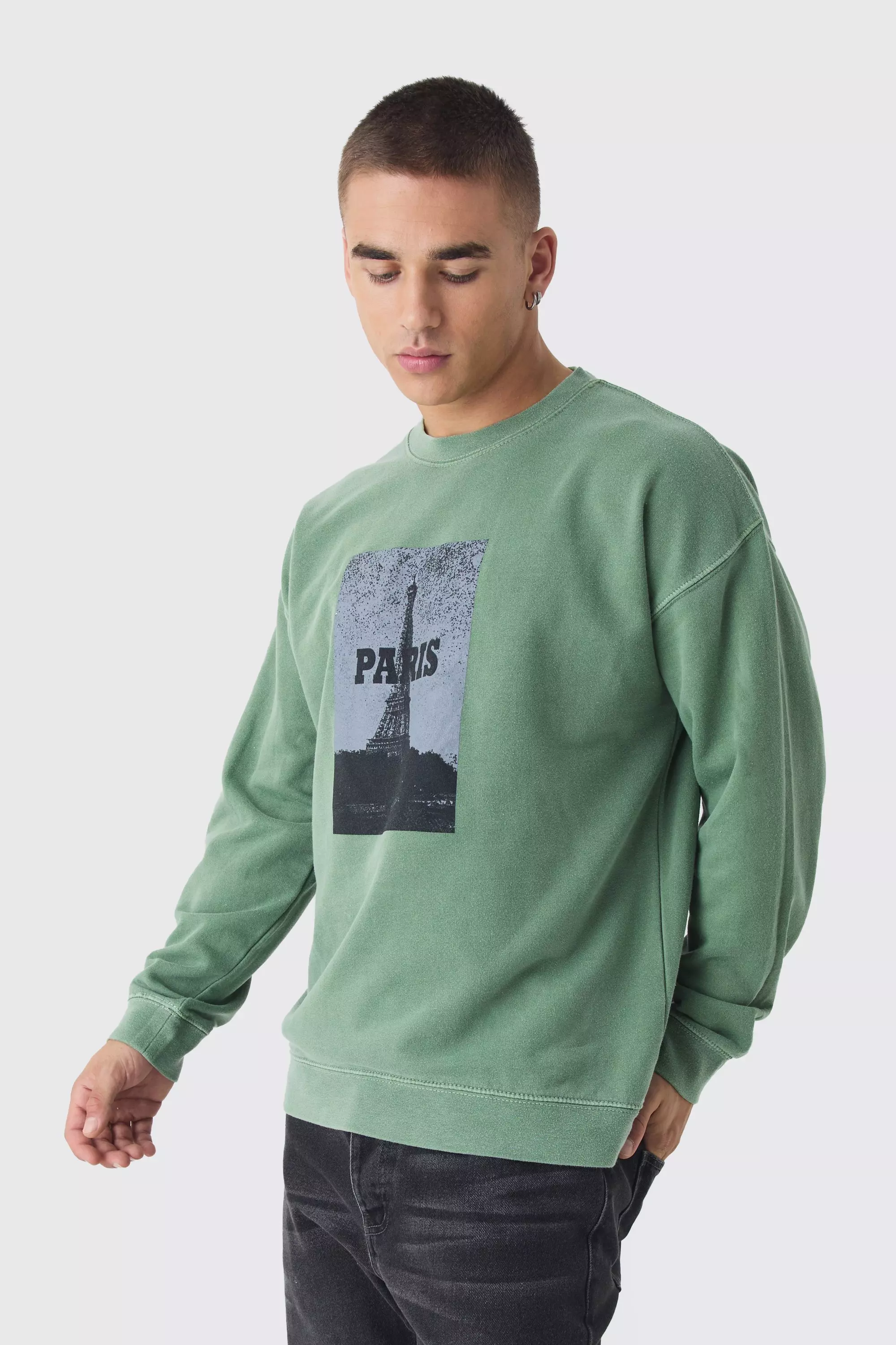 Green Paris Box Graphic Washed Sweatshirt