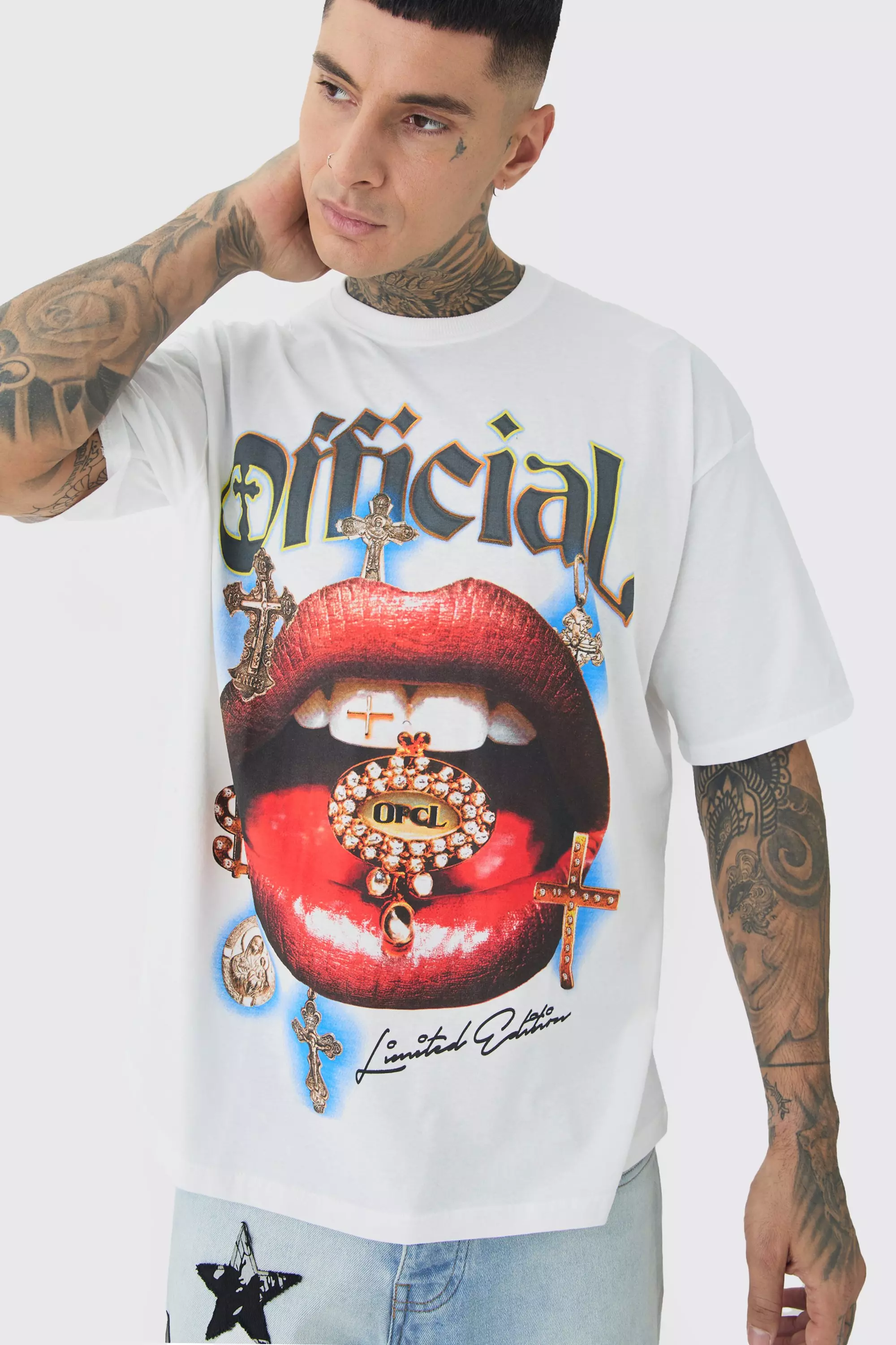 White Tall Official Lips Print Oversized T-shirt in White