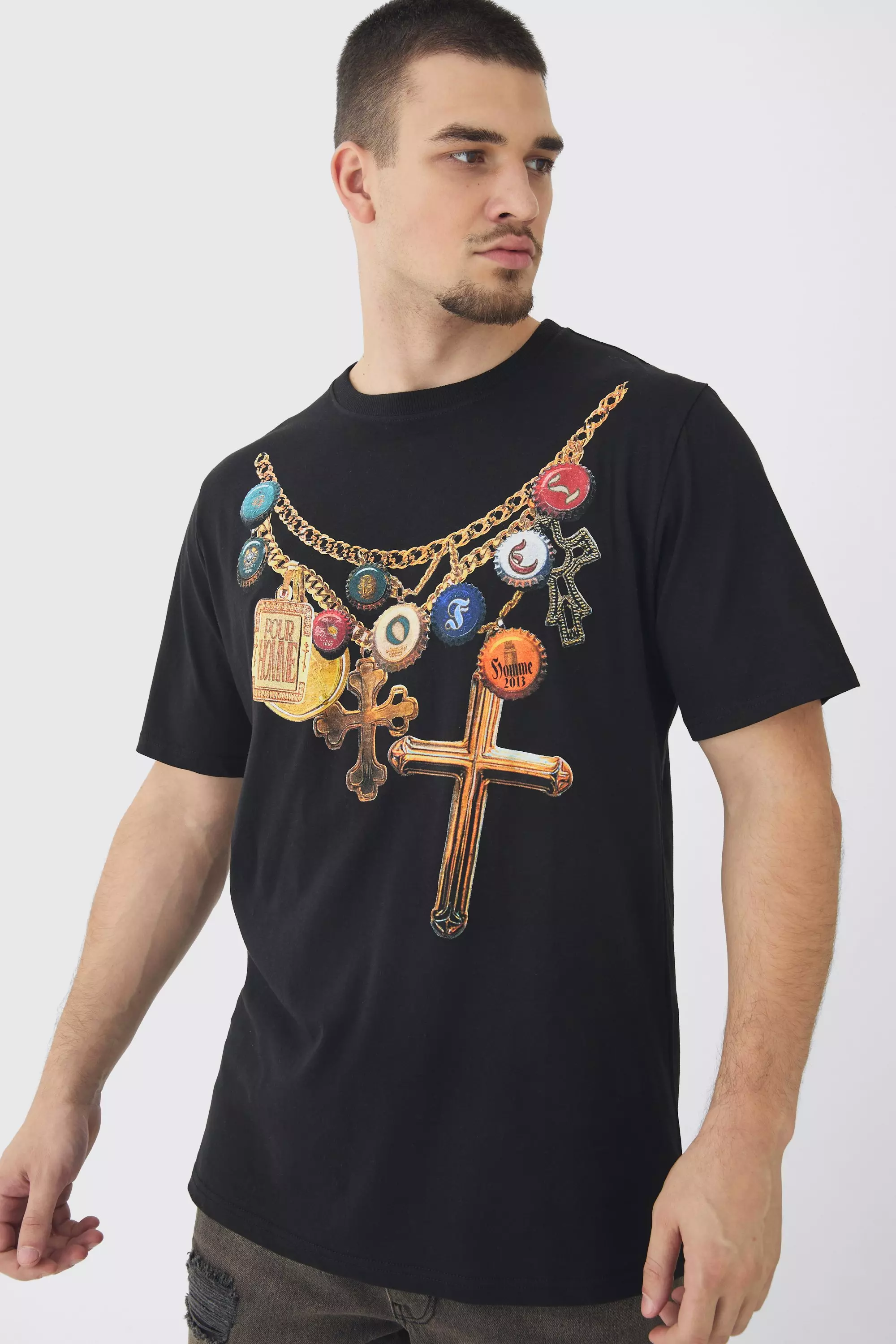 Tall Cross Necklace Print Oversized T-shirt in Black Black