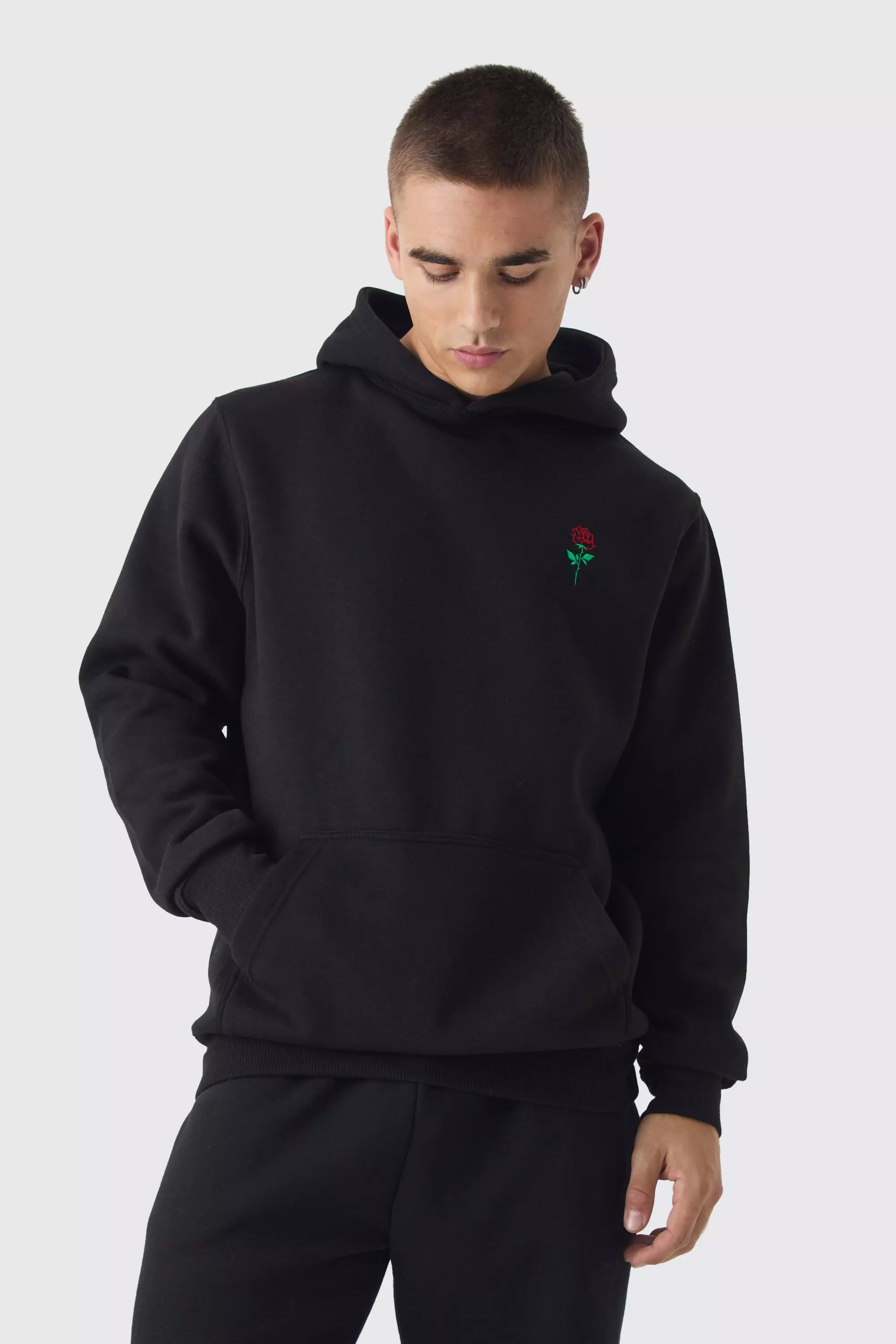 Rose Embroidered Hoodie Black