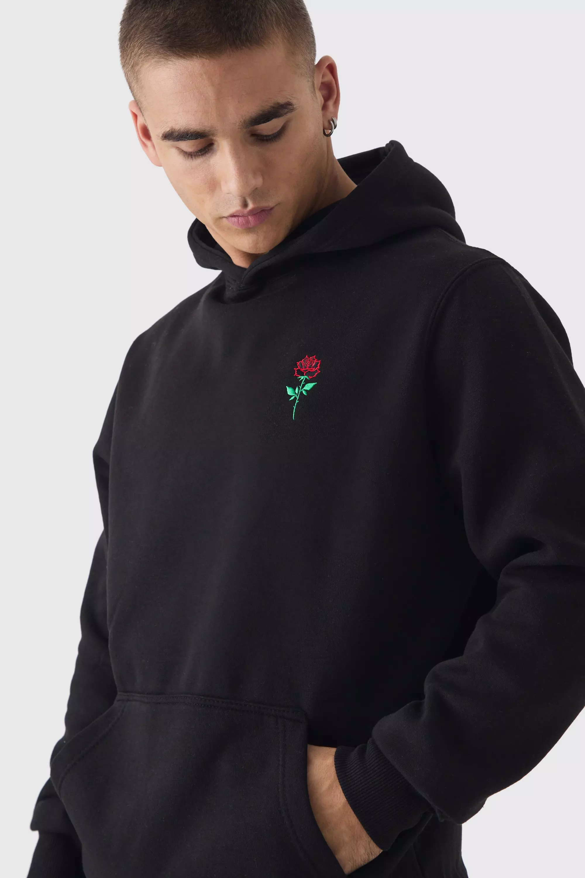 Felpa Con Ricamo Di Rose E Cappuccio, Black immagine alternativa