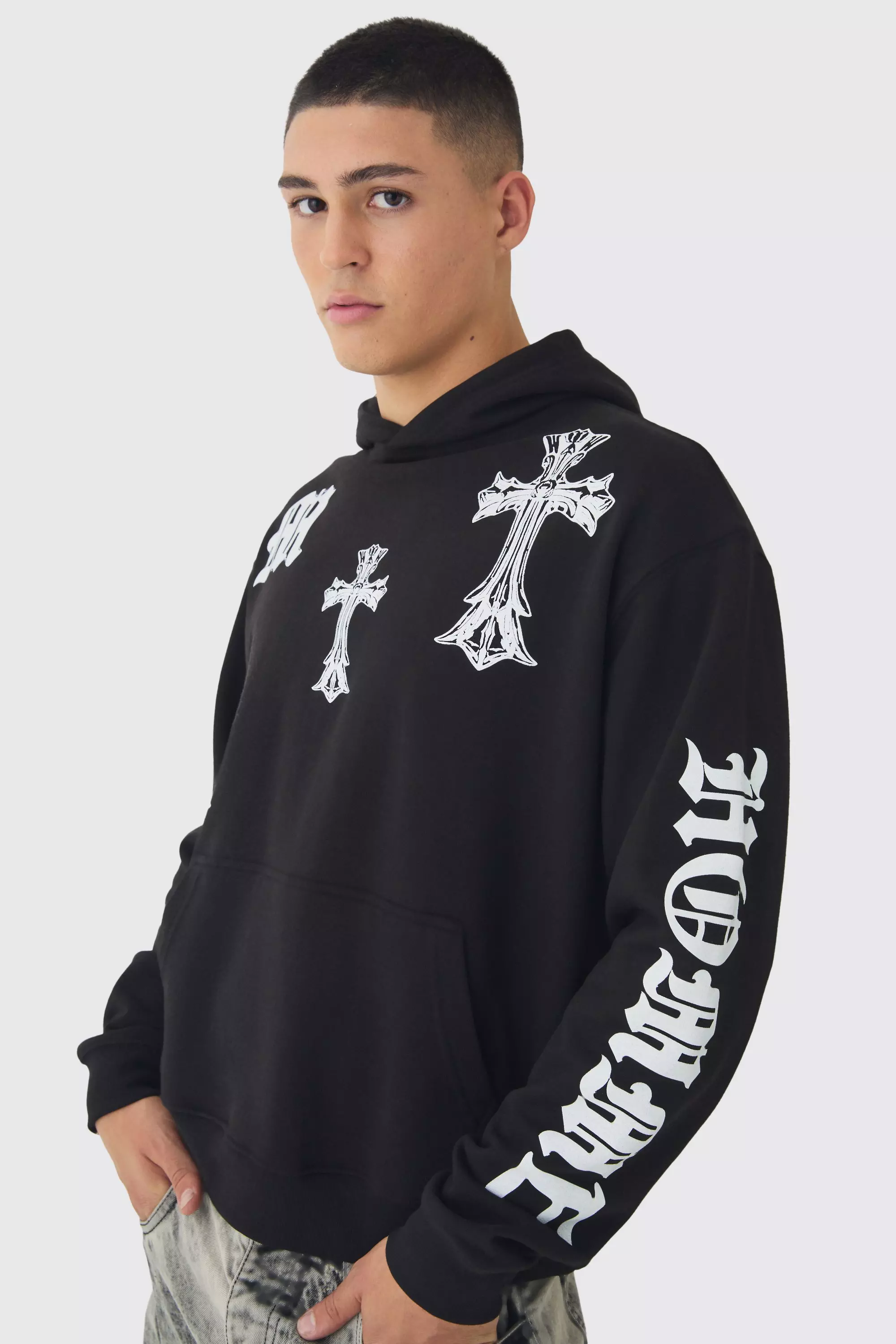 Boxy Cross Graphic Hoodie Black