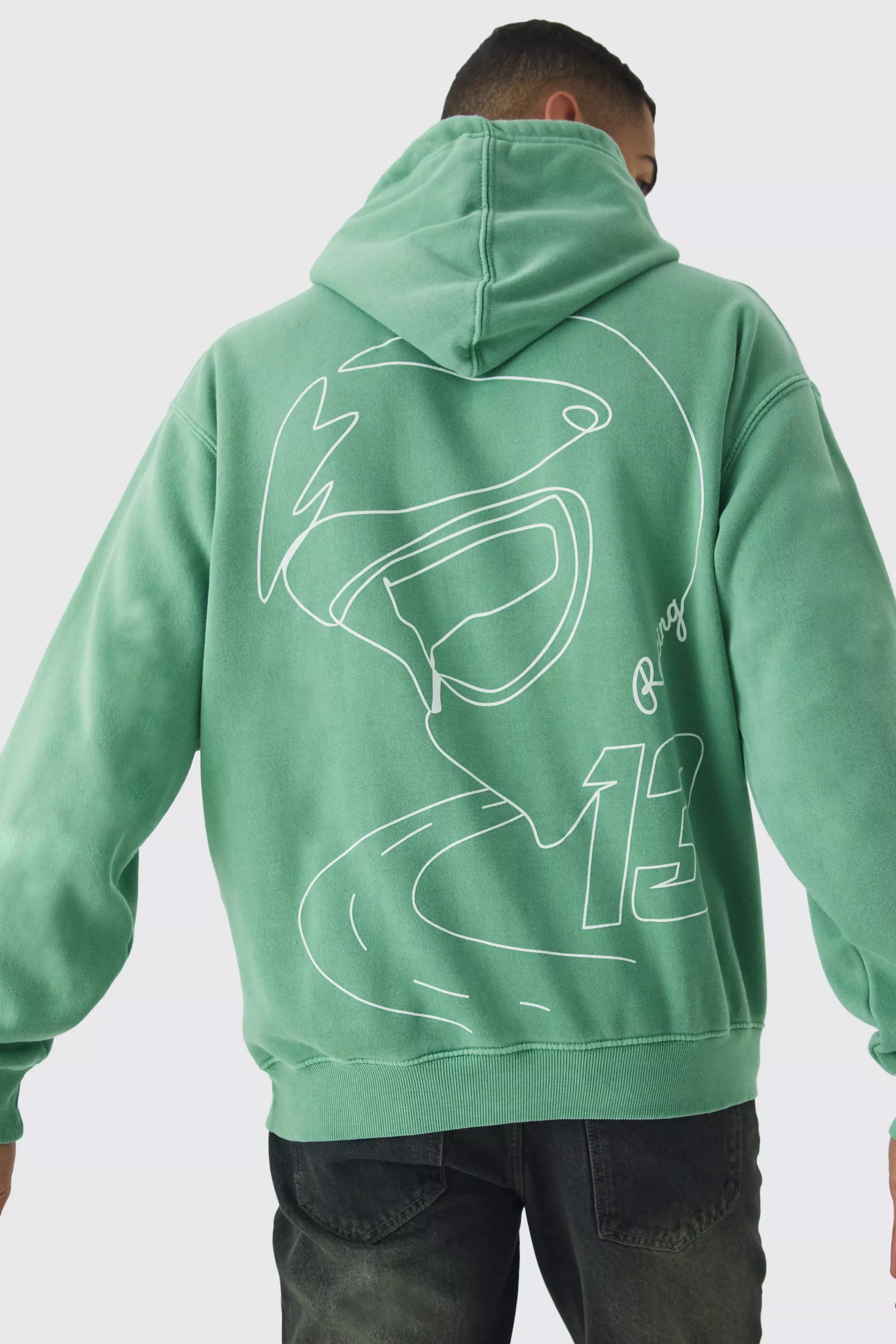 Green Oversized Moto Line Drawing Graphic Washed Hoodie