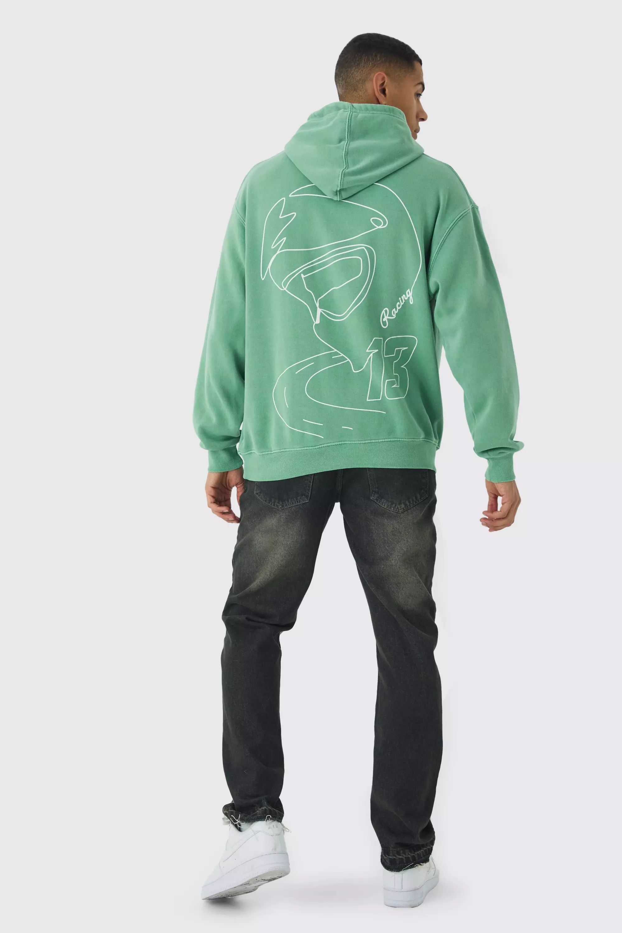 Sweat à capuche oversize délavé à imprimé moto, Green autre image