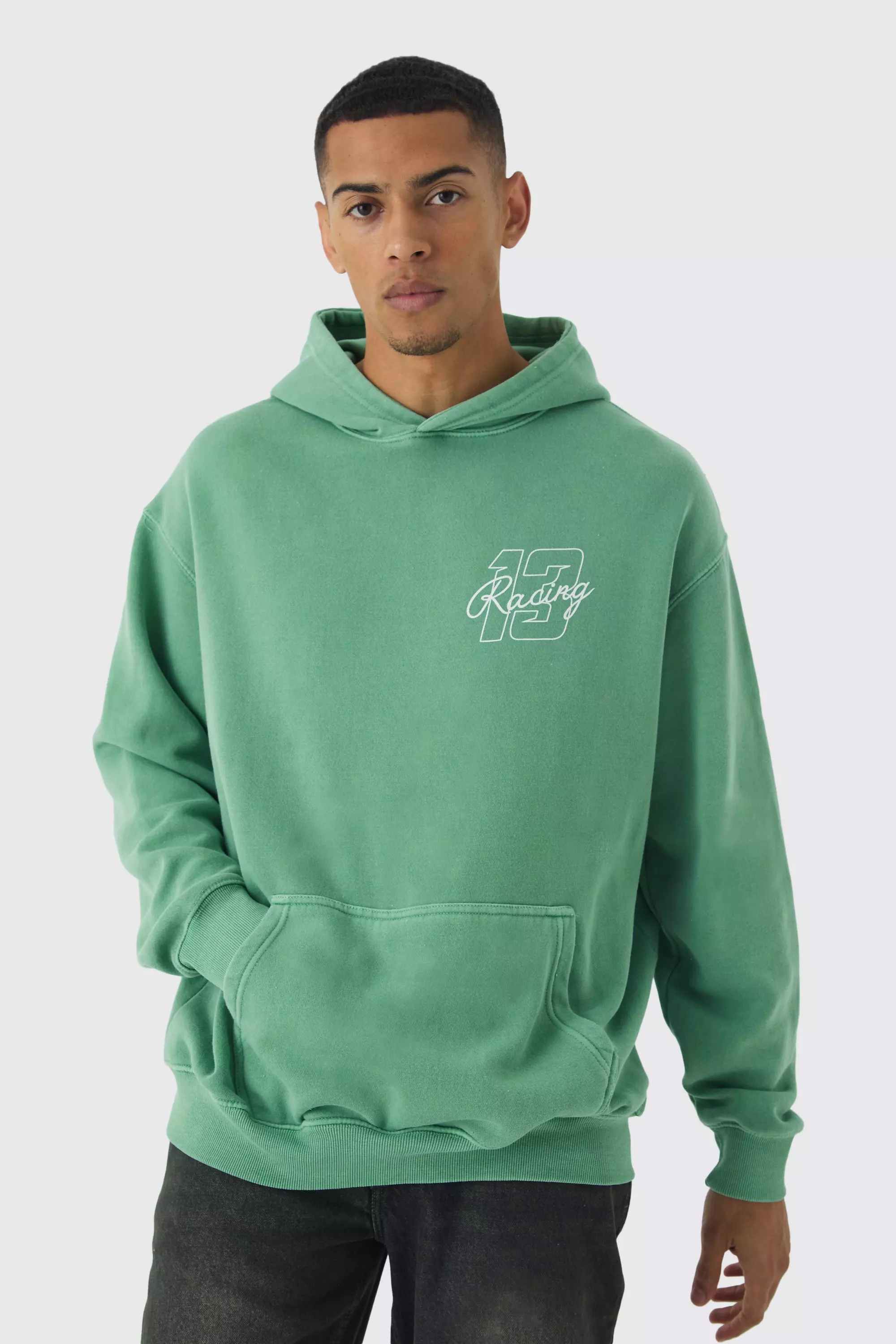 Sweat à capuche oversize délavé à imprimé moto, Green autre image