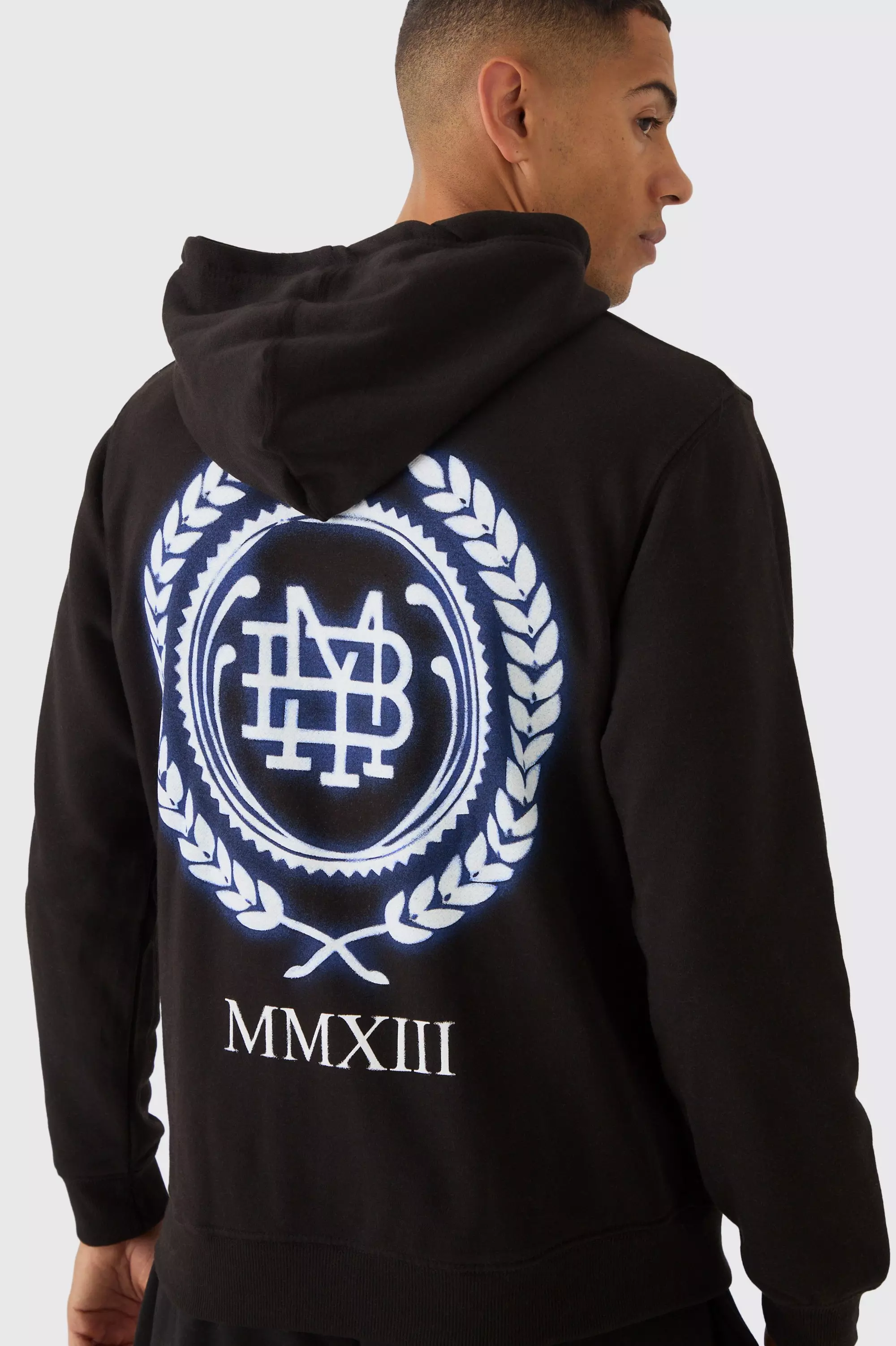Regular Fit MMXIII Crest Graphic Zip Through Hoodie | boohooMAN USA