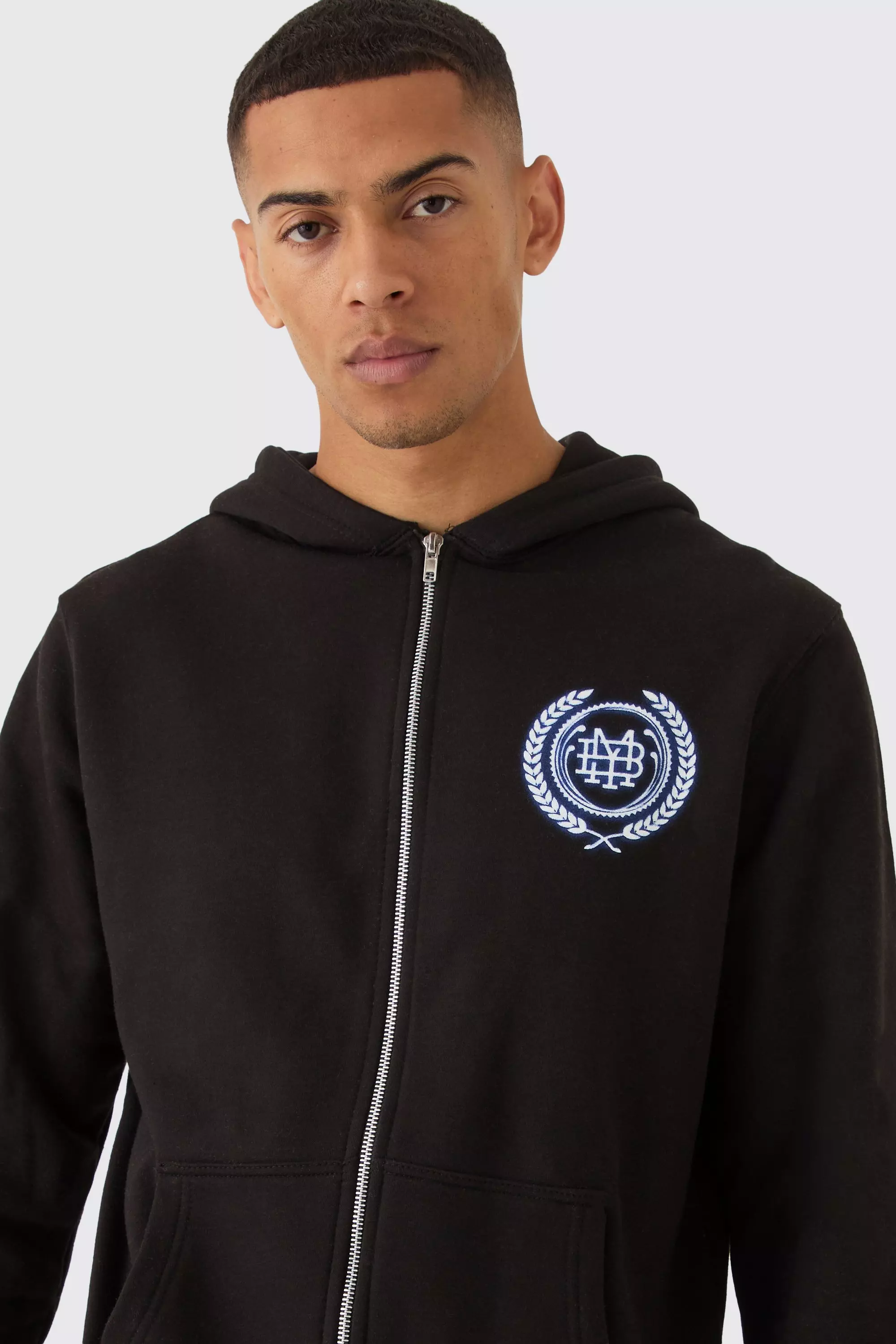 Regular Fit MMXIII Crest Graphic Zip Through Hoodie | boohooMAN USA