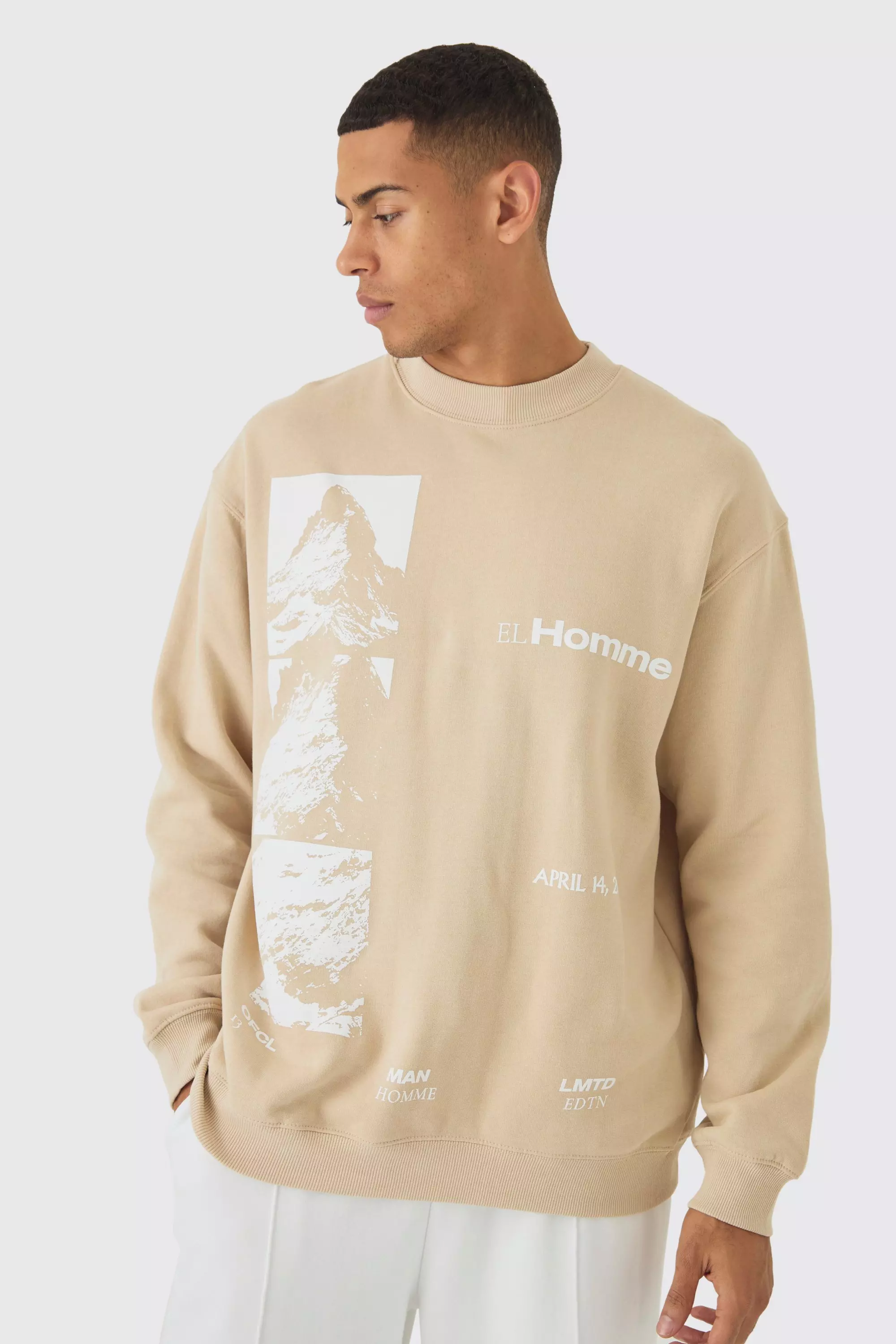 Sand Beige Oversized Homme Mountain Graphic Sweatshirt