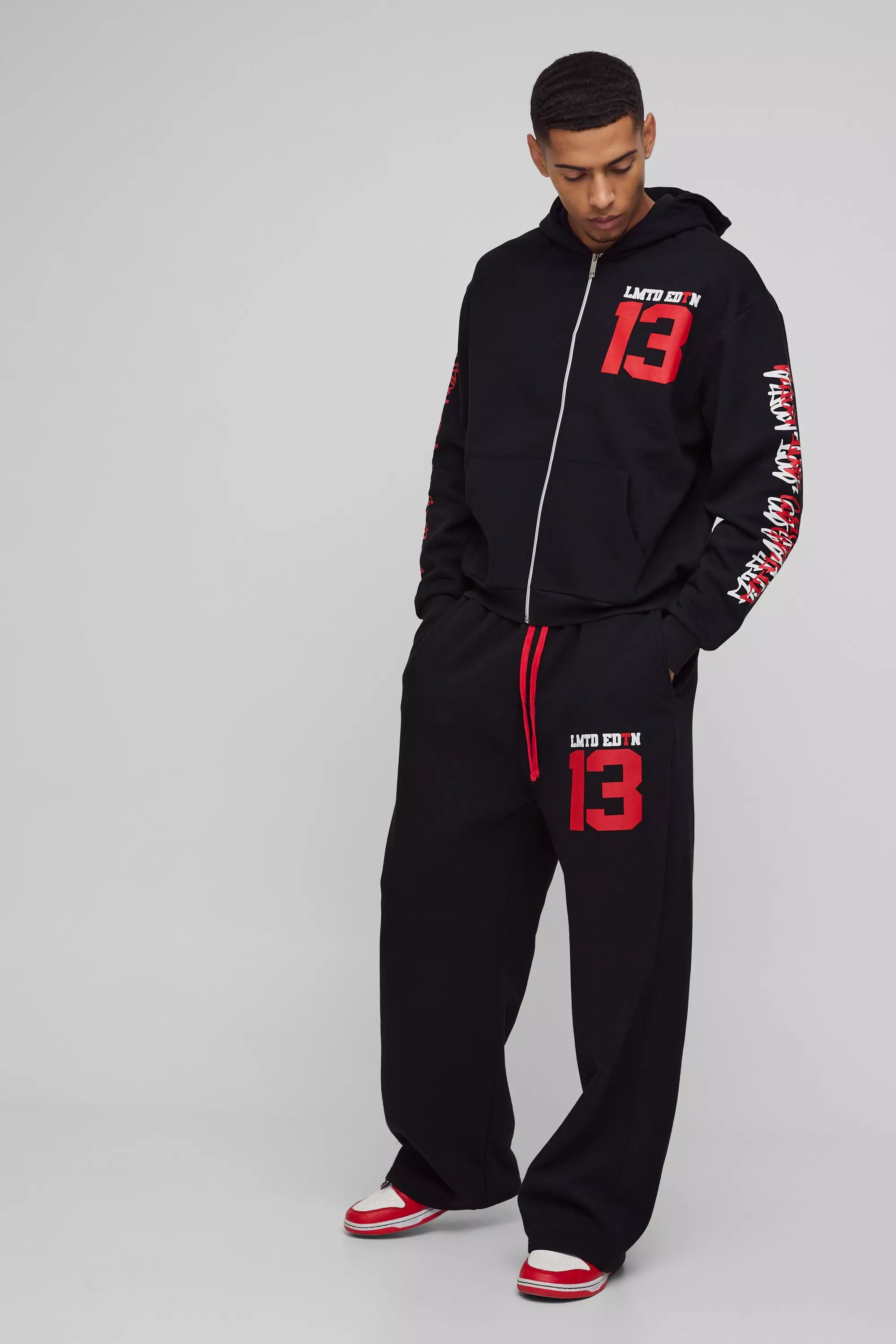 Oversized Boxy Limited Varsity Graffiti Zip Through Hooded Tracksuit boohooMAN USA