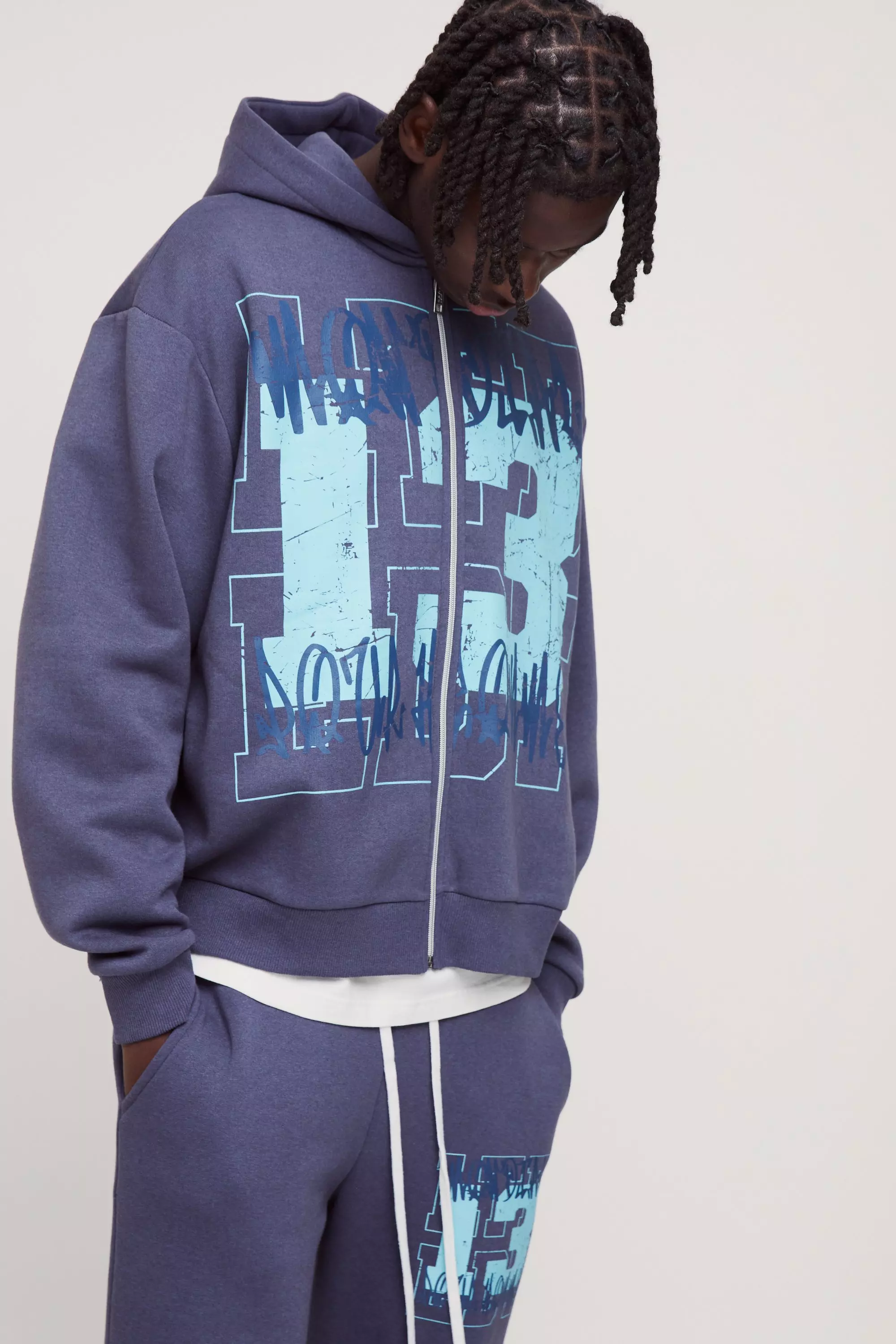 Oversized Boxy Graffiti 13 Varsity Zip Through Hoodie Purple