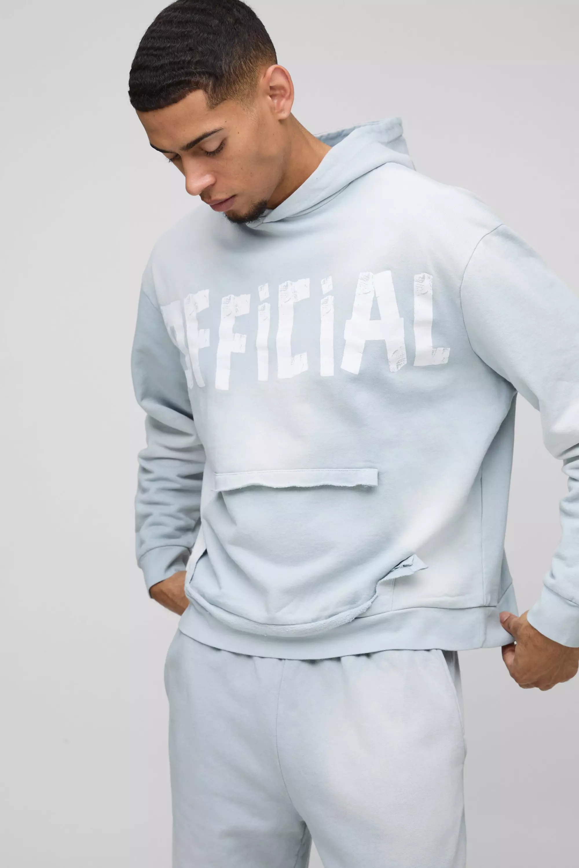 Oversized Boxy Official Distressed Pocket Hoodie | boohooMAN USA