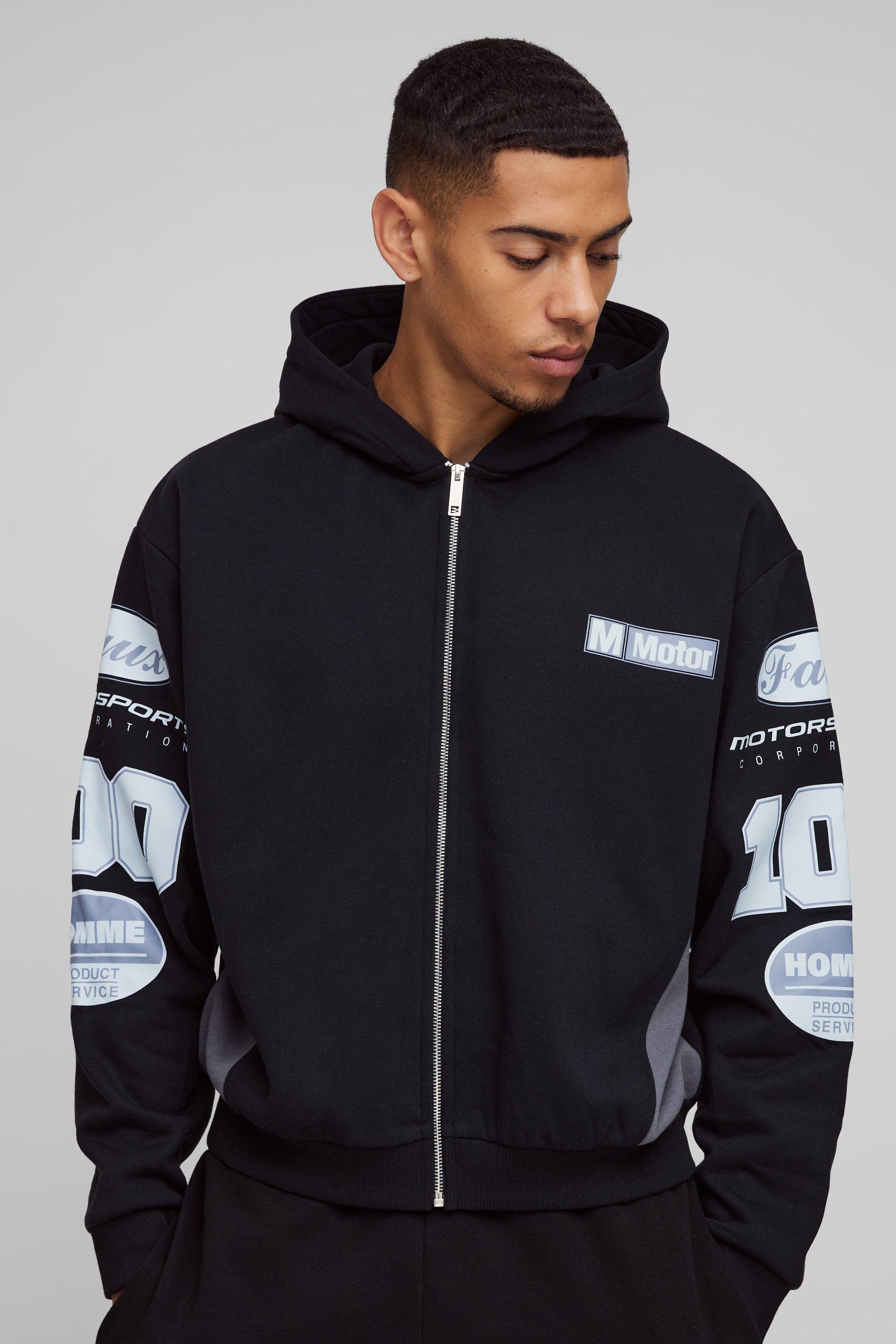 Oversized Boxy Moto Gusset Zip Through Hoodie | boohooMAN USA