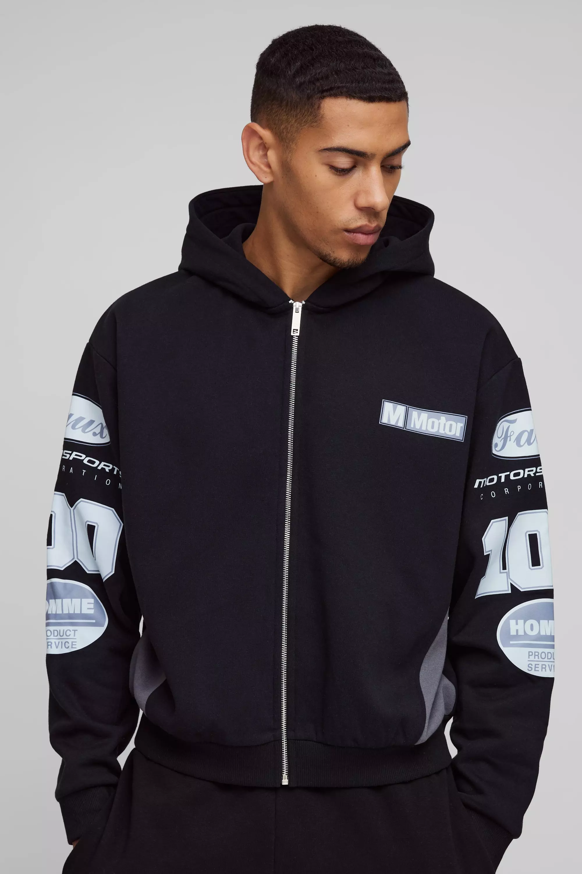 Oversized Boxy Moto Gusset Zip Through Hoodie Black